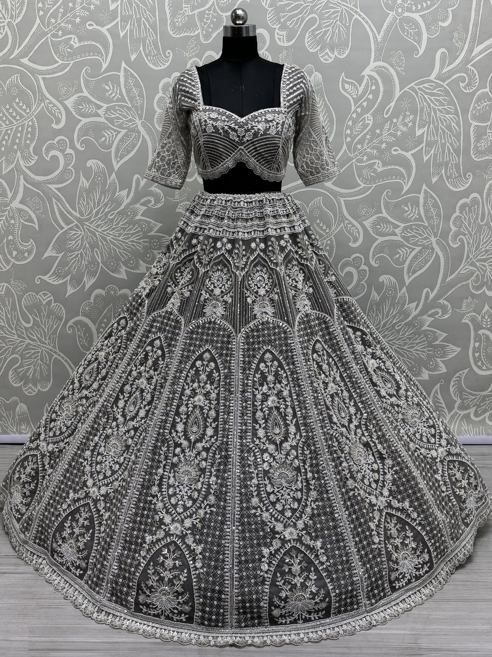 Marvelous Grey Pearl Work Net Bridesmaid Lehenga Choli With Dupatta - Zeel Clothing