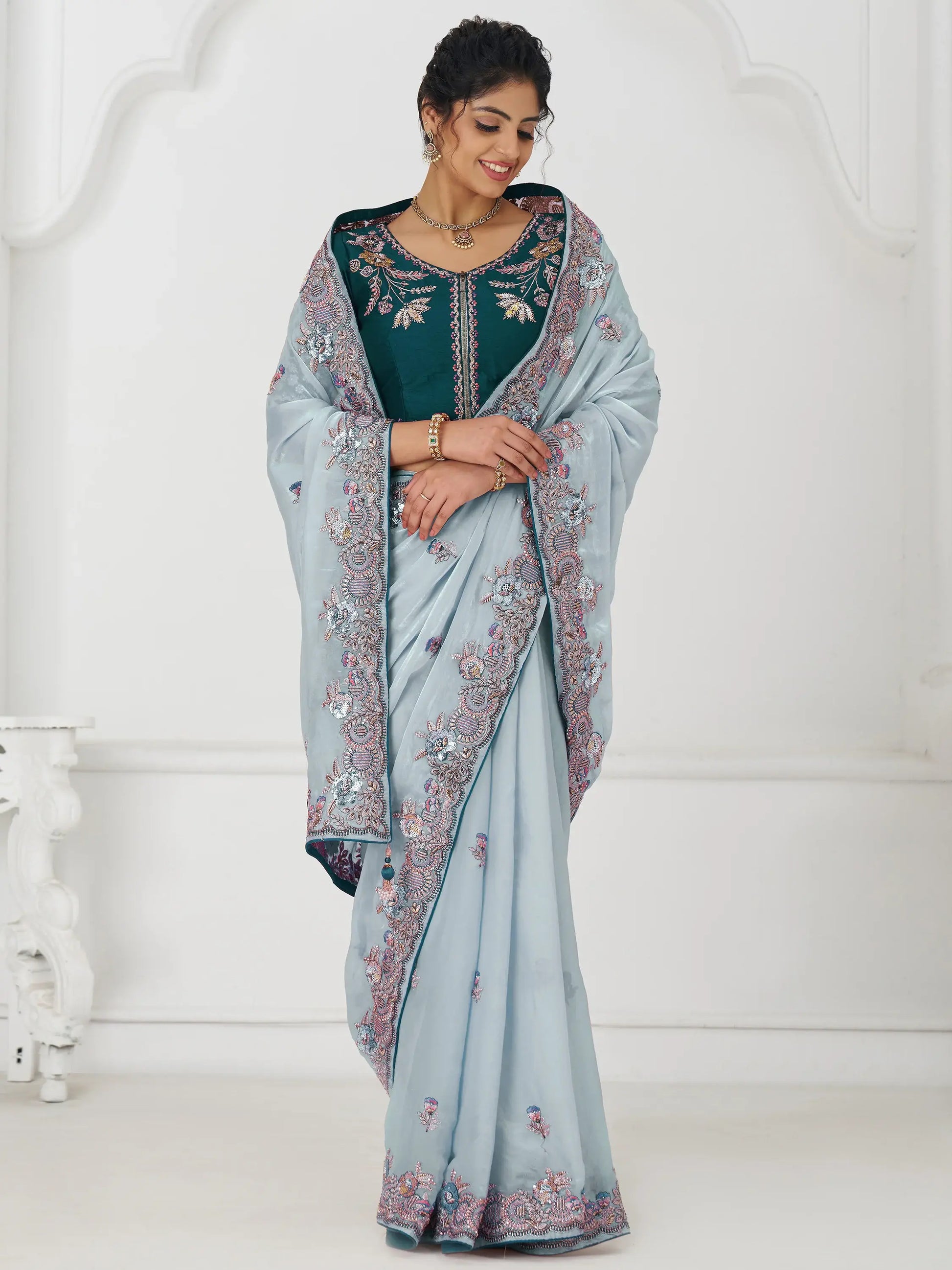 Marvelous Grey Sequins Silk Reception Wear Saree With Blouse - Zeel Clothing