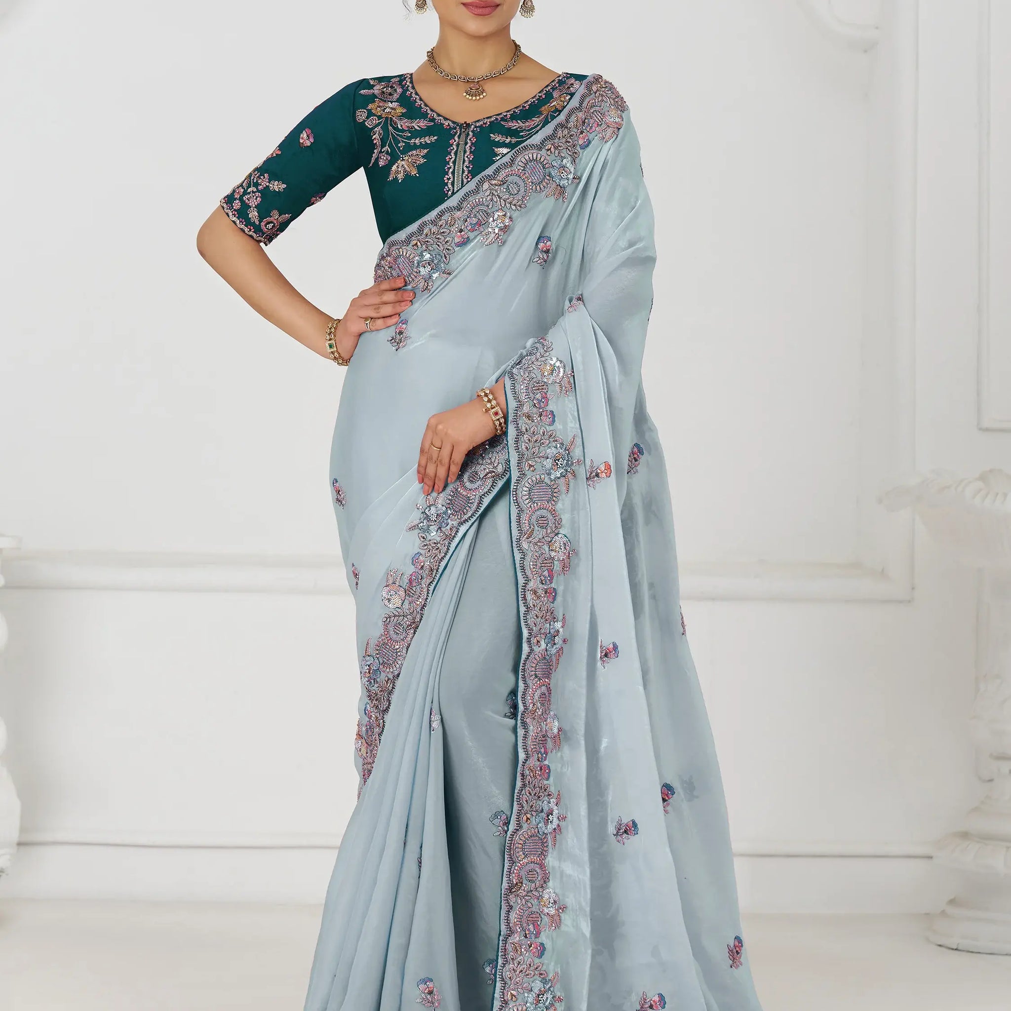 Marvelous Grey Sequins Silk Reception Wear Saree With Blouse - Zeel Clothing