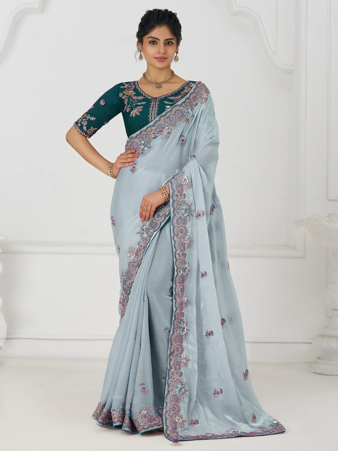 Marvelous Grey Sequins Silk Reception Wear Saree With Blouse - Zeel Clothing