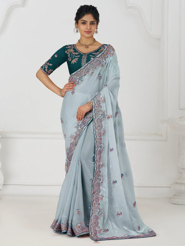 Marvelous Grey Sequins Silk Reception Wear Saree With Blouse - Zeel Clothing