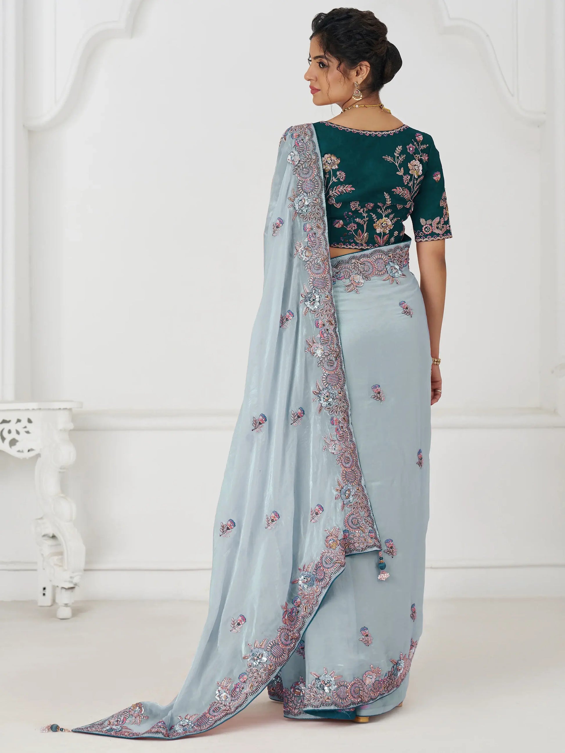 Marvelous Grey Sequins Silk Reception Wear Saree With Blouse - Zeel Clothing