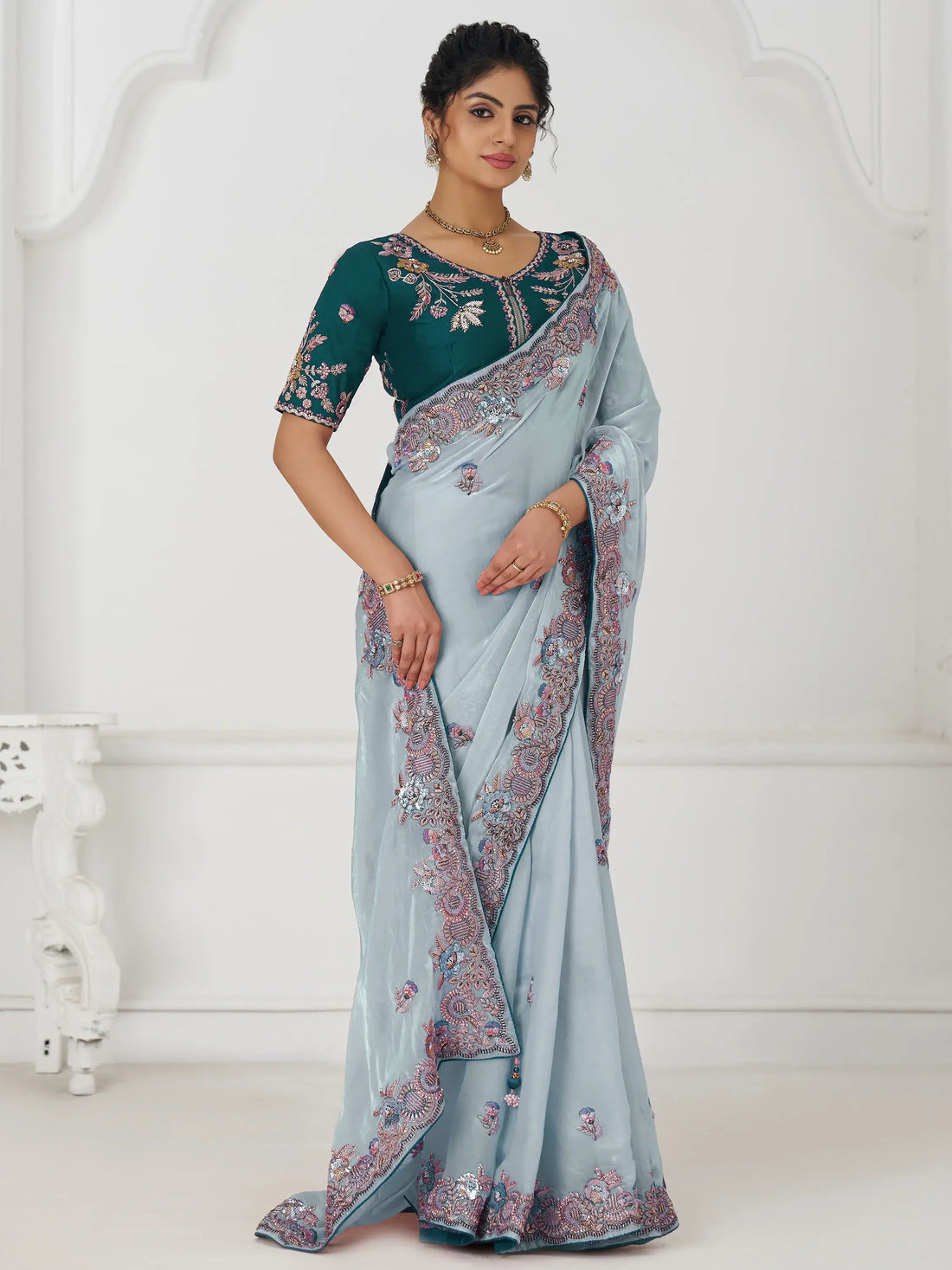Marvelous Grey Sequins Silk Reception Wear Saree With Blouse - Zeel Clothing