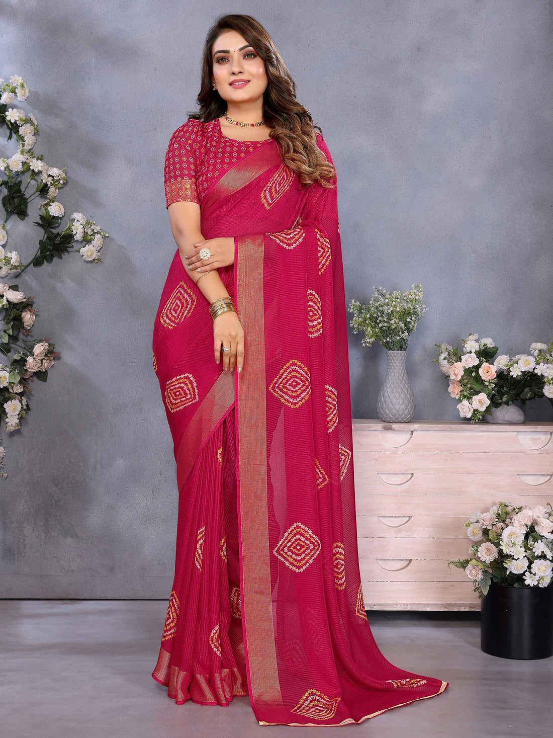 Marvelous Hot Pink Shibori Printed Chiffon Festive Wear Saree With Blouse - Zeel Clothing