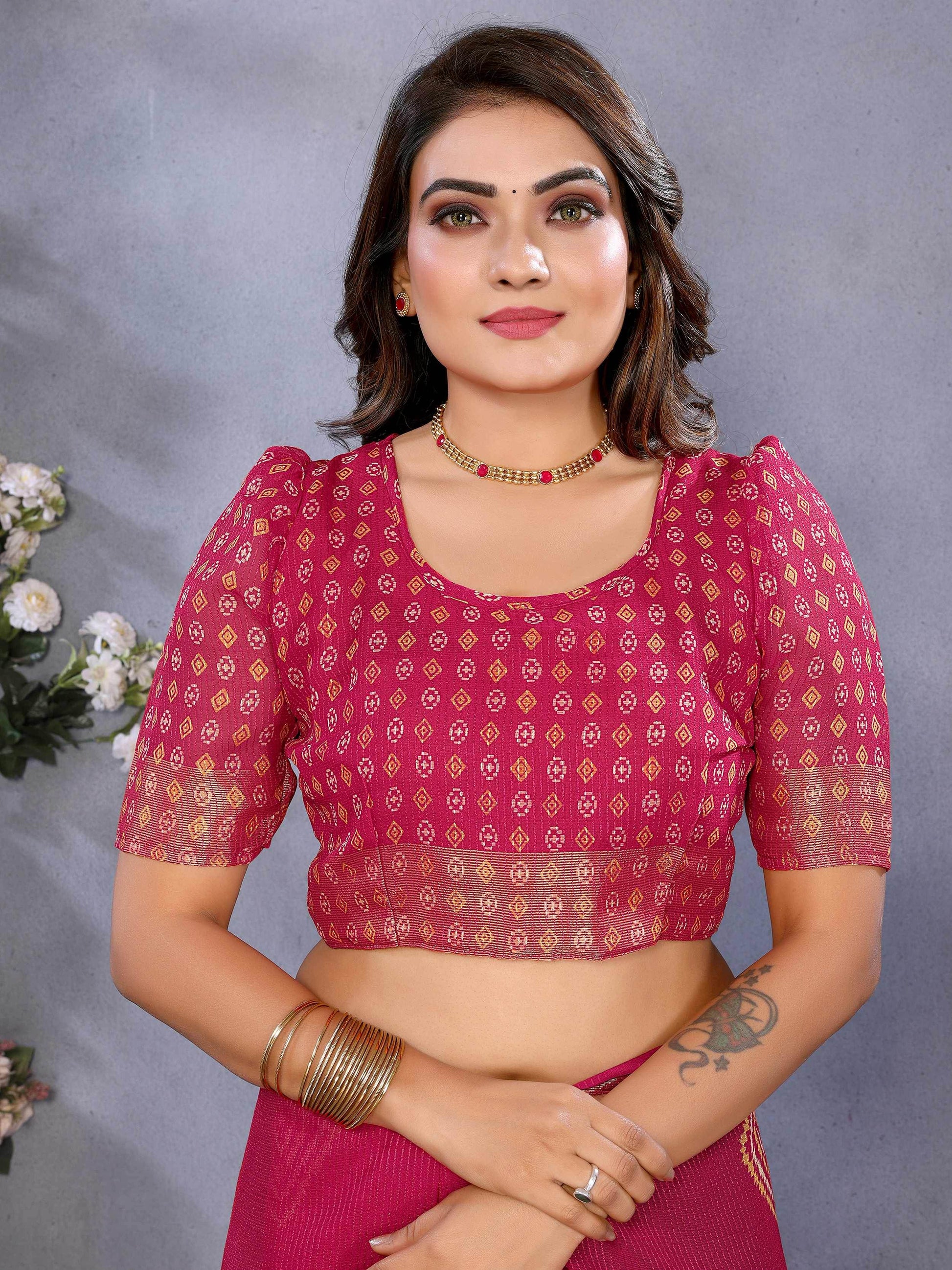 Marvelous Hot Pink Shibori Printed Chiffon Festive Wear Saree With Blouse - Zeel Clothing
