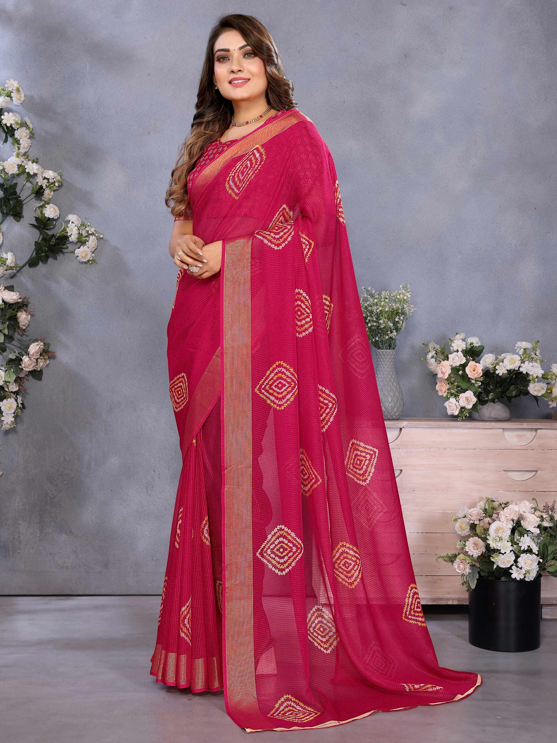Marvelous Hot Pink Shibori Printed Chiffon Festive Wear Saree With Blouse - Zeel Clothing