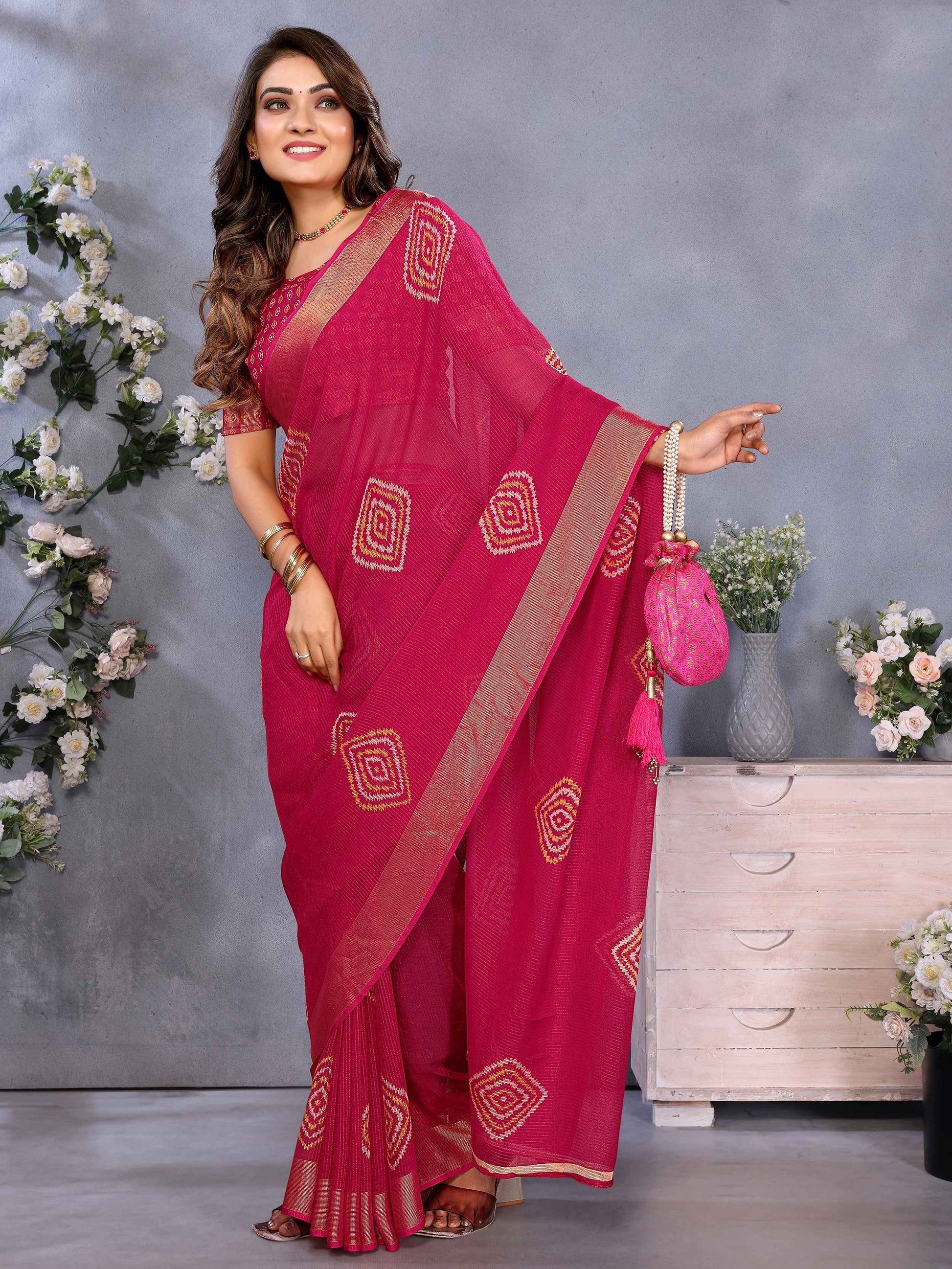 Marvelous Hot Pink Shibori Printed Chiffon Festive Wear Saree With Blouse - Zeel Clothing
