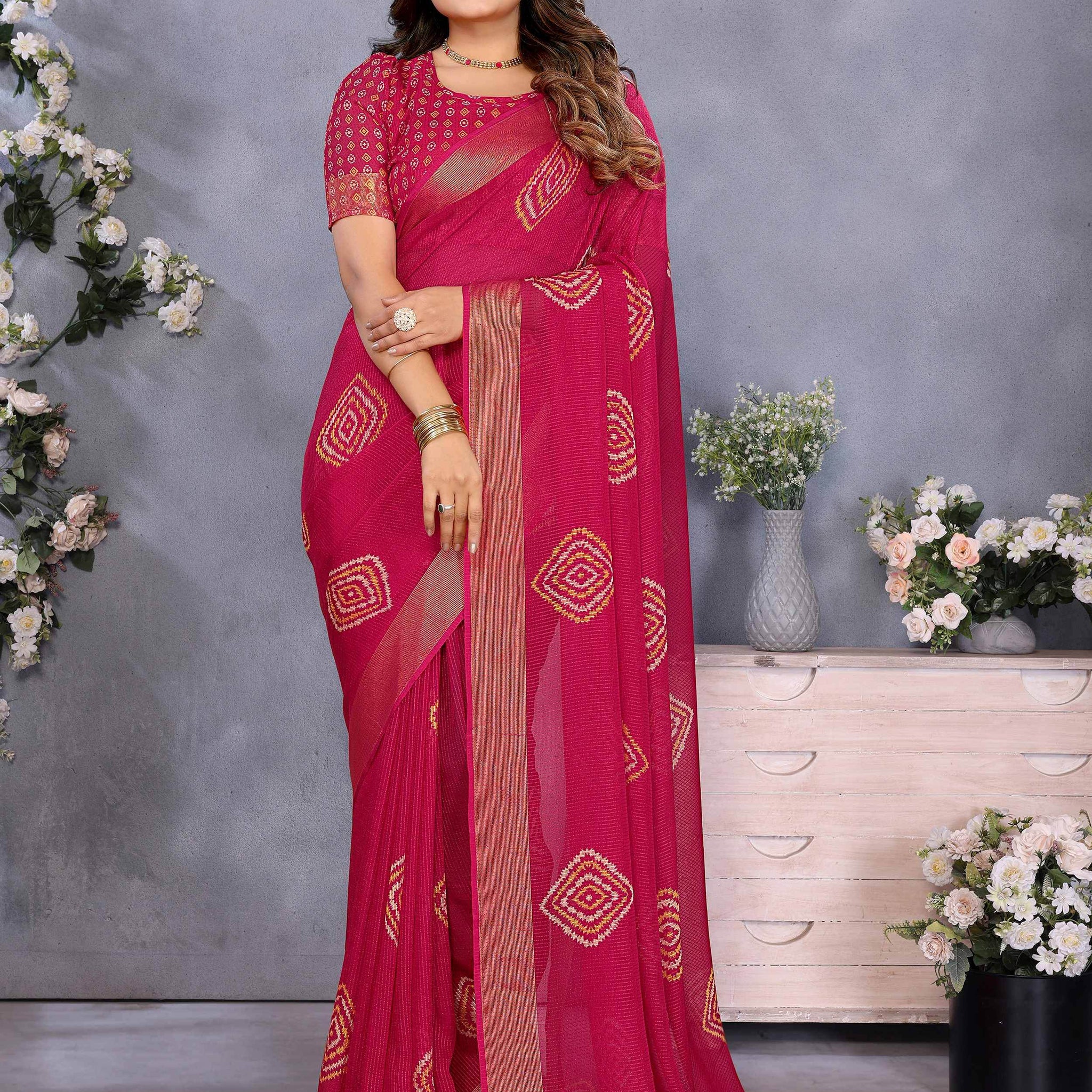 Marvelous Hot Pink Shibori Printed Chiffon Festive Wear Saree With Blouse - Zeel Clothing