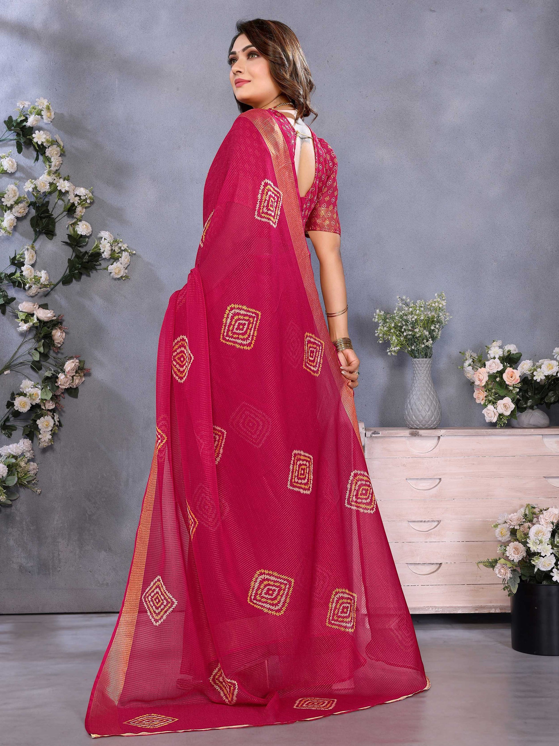 Marvelous Hot Pink Shibori Printed Chiffon Festive Wear Saree With Blouse - Zeel Clothing