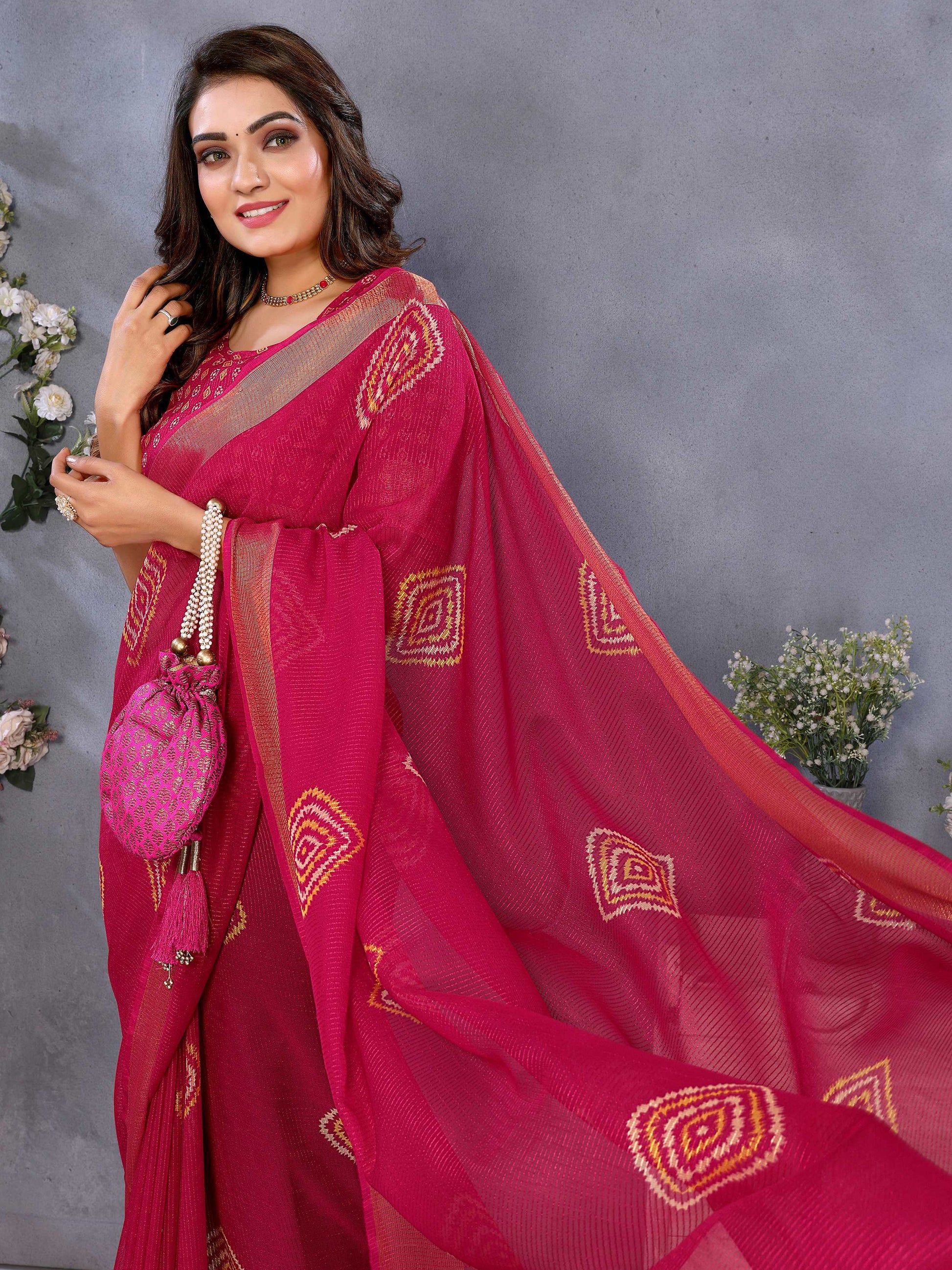 Marvelous Hot Pink Shibori Printed Chiffon Festive Wear Saree With Blouse - Zeel Clothing