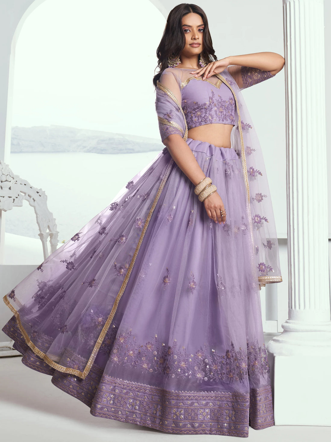 Marvelous Lavender Sequins Net Bridesmaid Lehenga Choli With Dupatta - Zeel Clothing