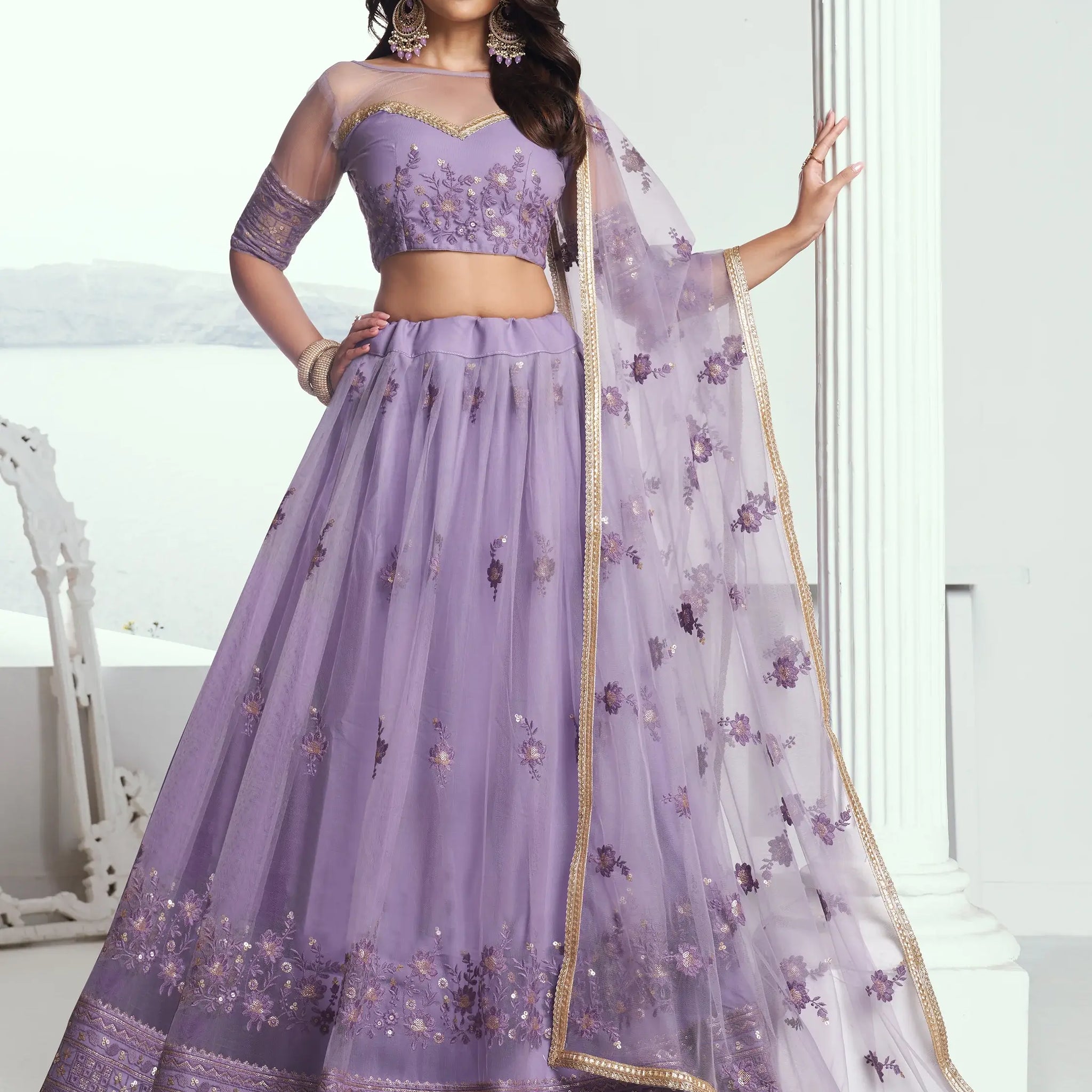 Marvelous Lavender Sequins Net Bridesmaid Lehenga Choli With Dupatta - Zeel Clothing