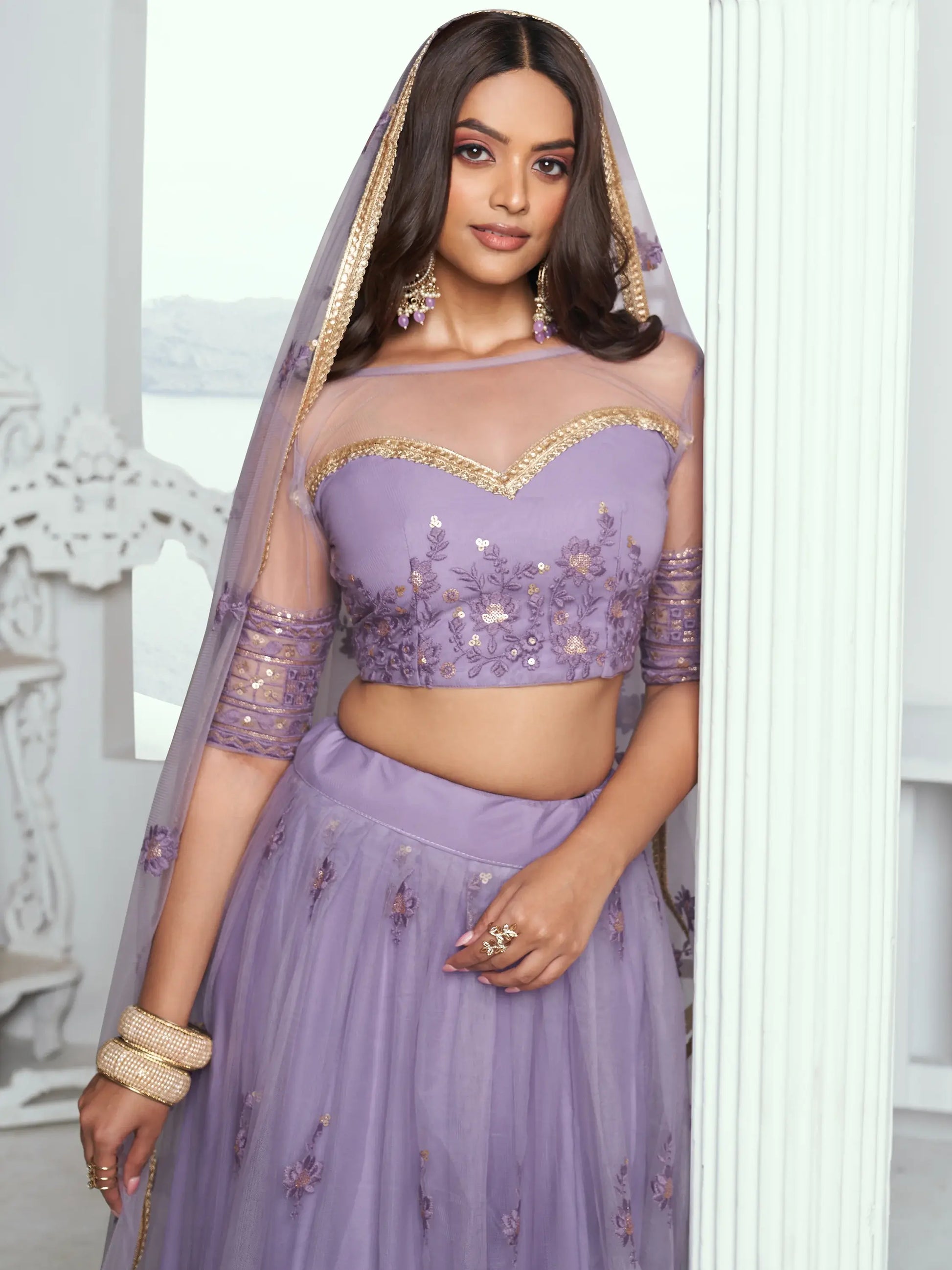 Marvelous Lavender Sequins Net Bridesmaid Lehenga Choli With Dupatta - Zeel Clothing