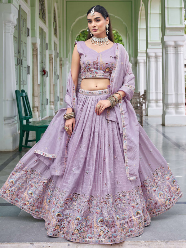 Marvelous Lavender Sequins Work Crushed Wedding Lehenga With Blouse
