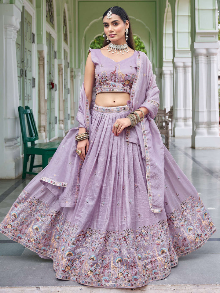 Marvelous Lavender Sequins Work Crushed Wedding Lehenga With Blouse