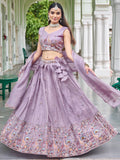 Marvelous Lavender Sequins Work Crushed Wedding Lehenga With Blouse