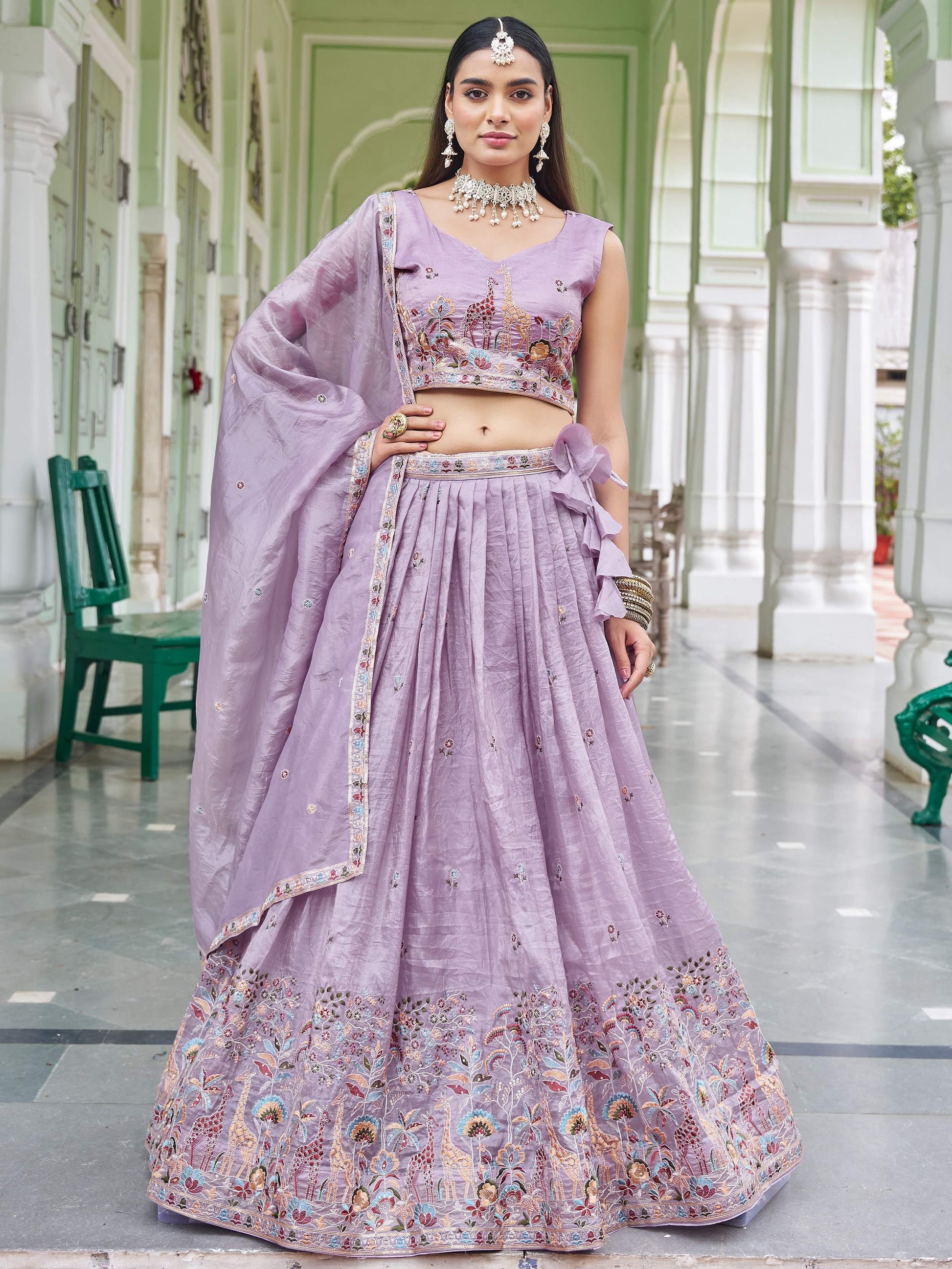 Marvelous Lavender Sequins Work Crushed Wedding Lehenga With Blouse