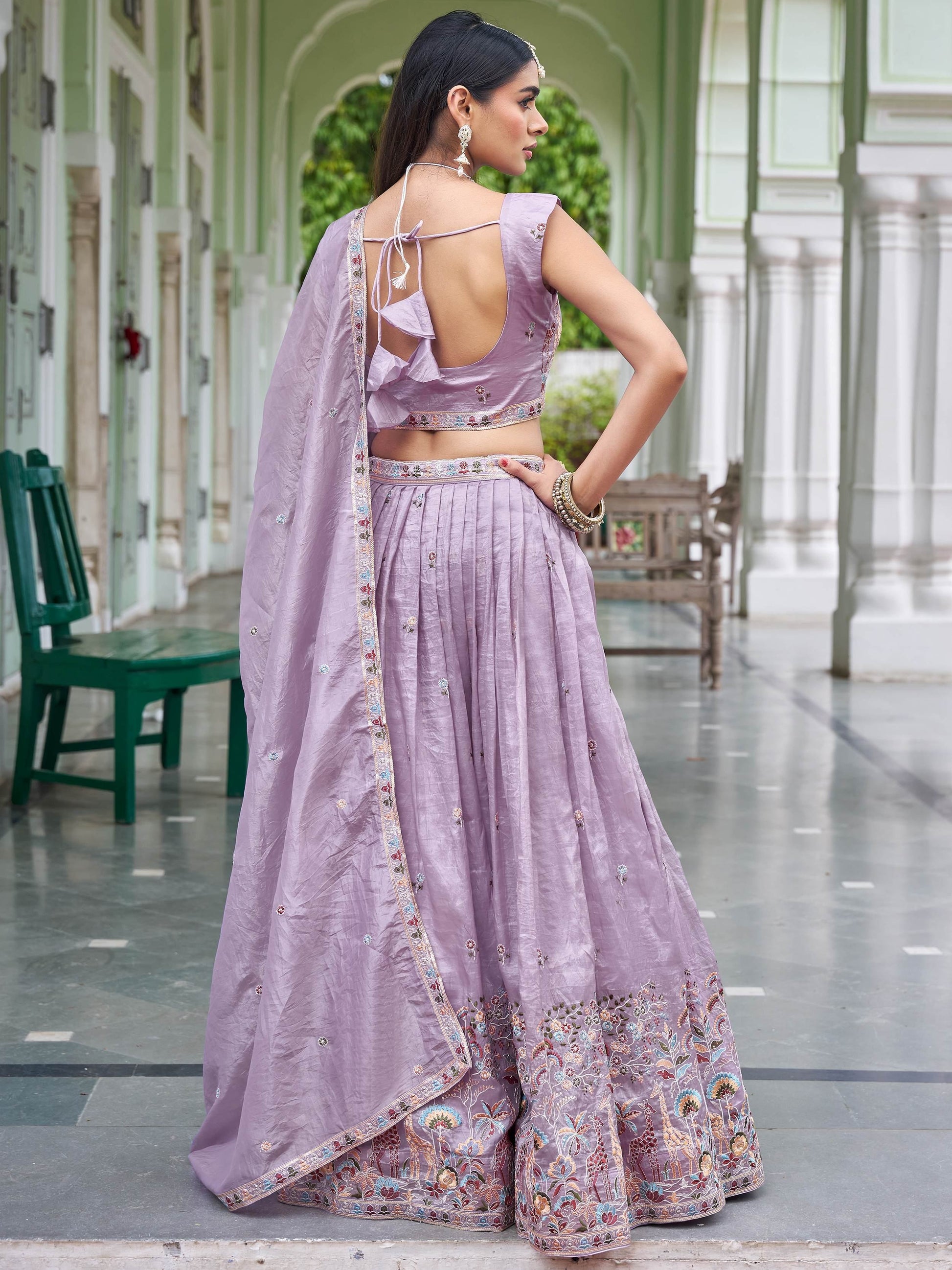 Marvelous Lavender Sequins Work Crushed Wedding Lehenga With Blouse