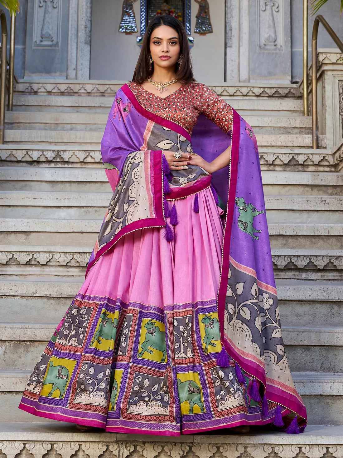 Marvelous Light Pink Kalamkari Print Tussar Silk Function Wear Lehenga Choli - Zeel Clothing