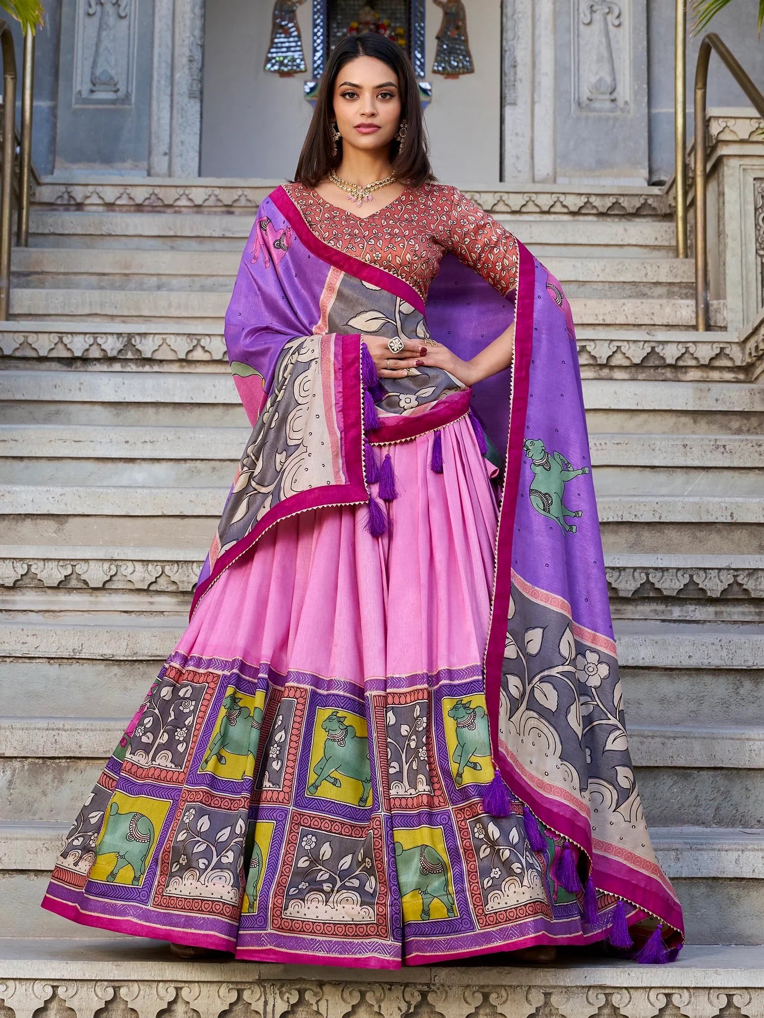 Marvelous Light Pink Kalamkari Print Tussar Silk Function Wear Lehenga Choli - Zeel Clothing
