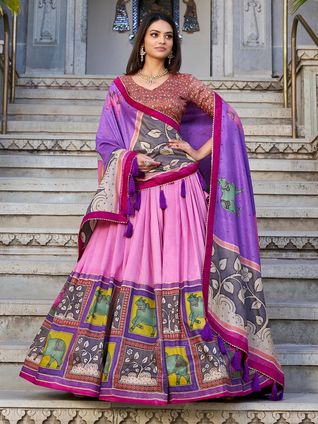 Marvelous Light Pink Kalamkari Print Tussar Silk Function Wear Lehenga Choli - Zeel Clothing