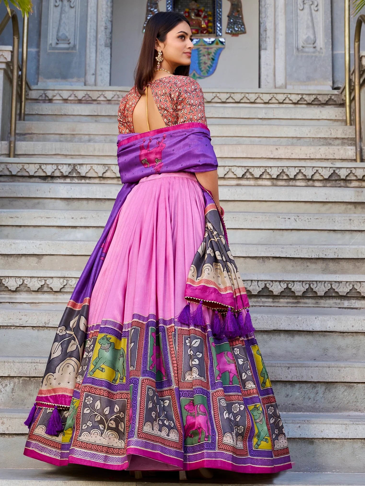Marvelous Light Pink Kalamkari Print Tussar Silk Function Wear Lehenga Choli - Zeel Clothing
