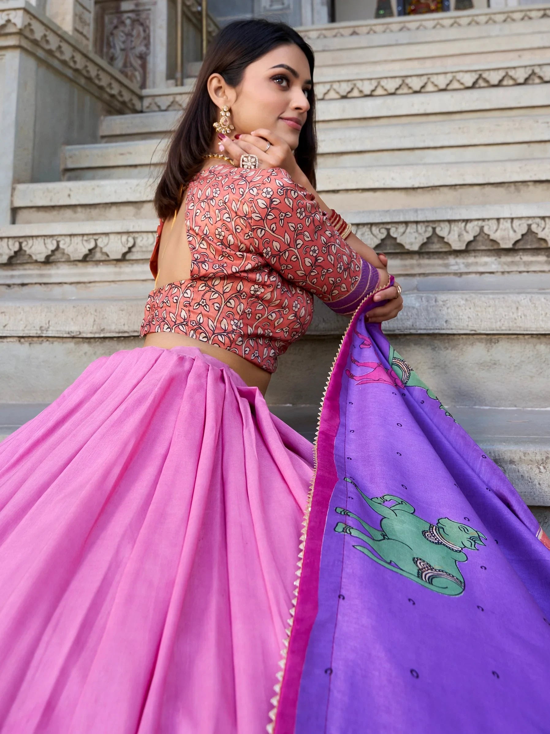 Marvelous Light Pink Kalamkari Print Tussar Silk Function Wear Lehenga Choli - Zeel Clothing