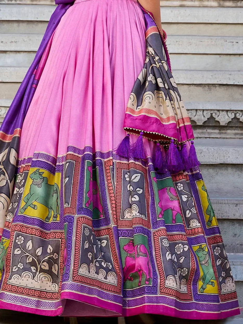 Marvelous Light Pink Kalamkari Print Tussar Silk Function Wear Lehenga Choli - Zeel Clothing