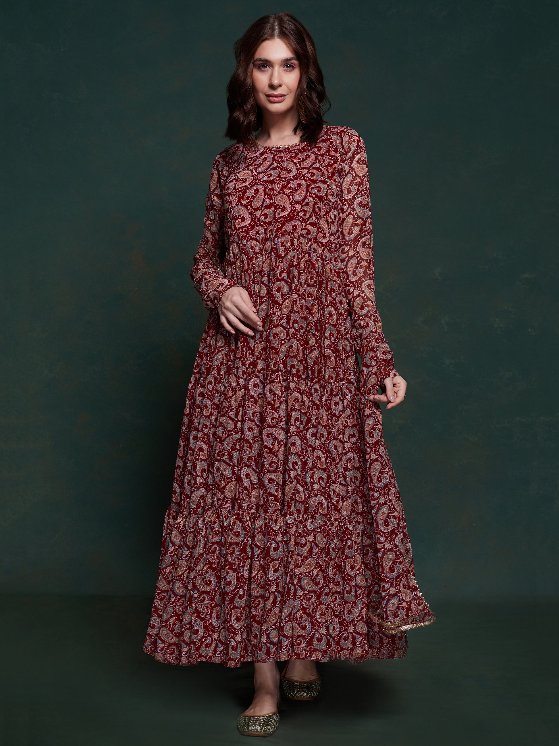 Marvelous Maroon Digital Printed Organza Traditional Gown With Dupatta - Zeel Clothing