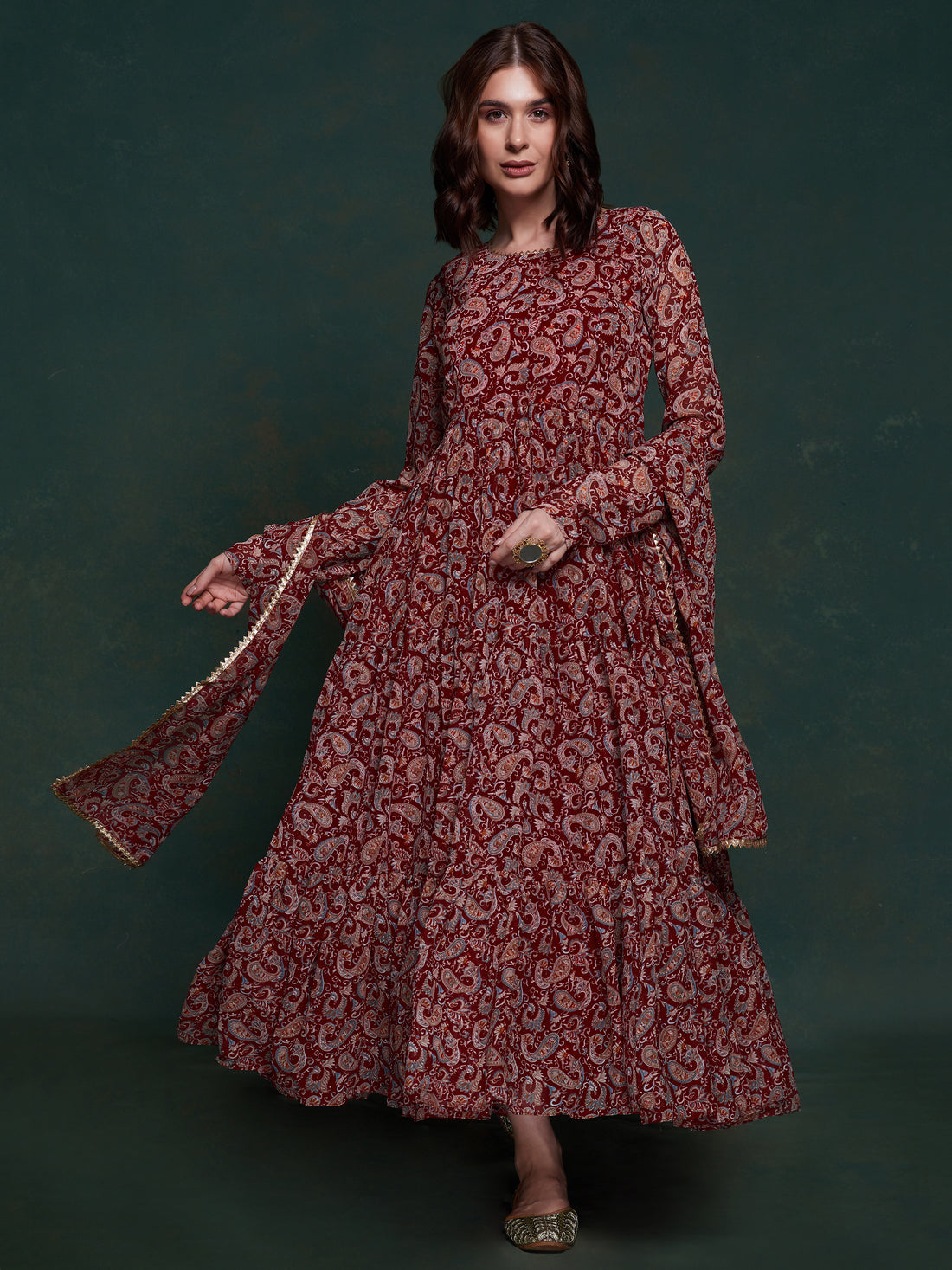 Marvelous Maroon Digital Printed Organza Traditional Gown With Dupatta - Zeel Clothing