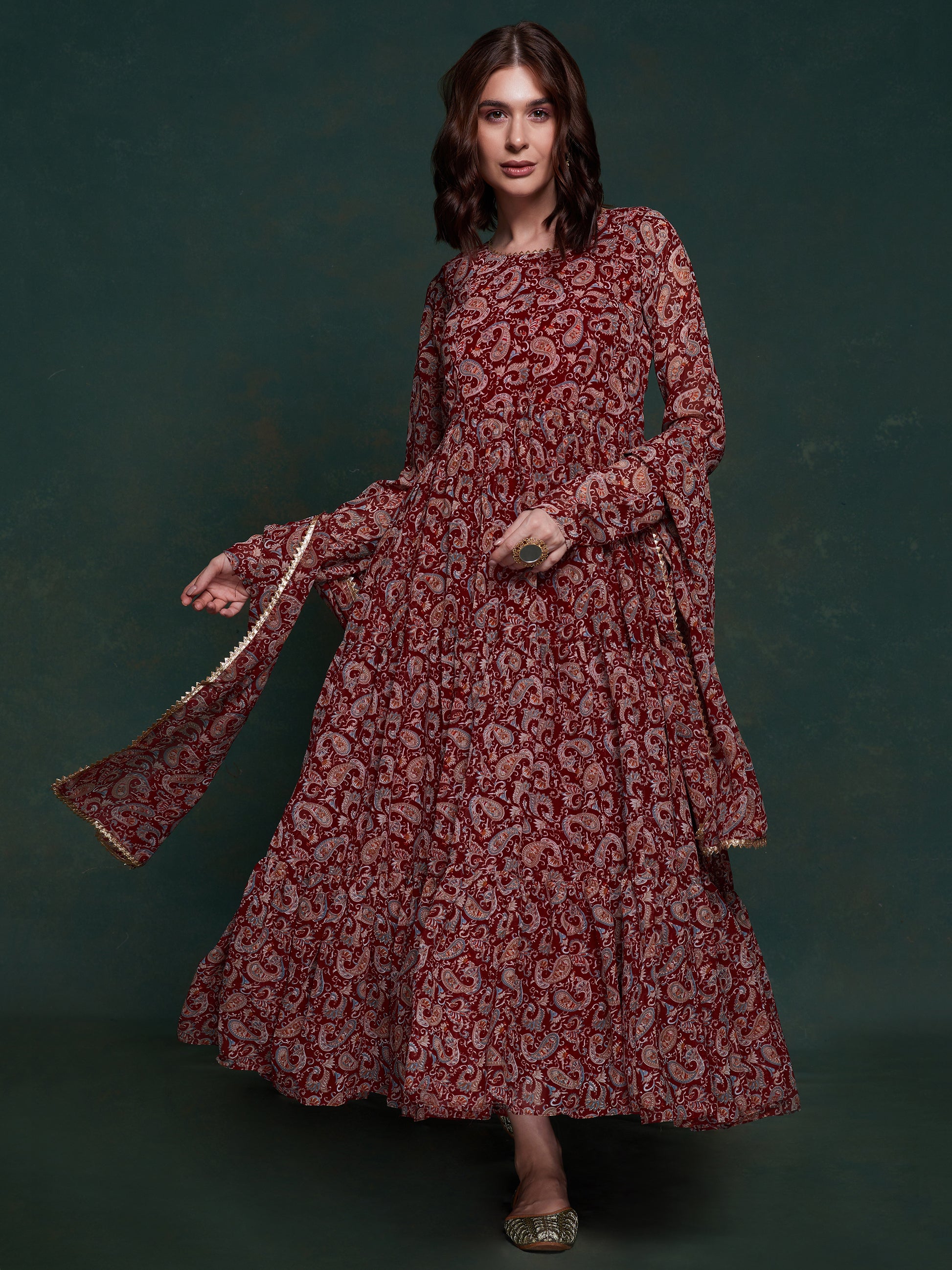 Marvelous Maroon Digital Printed Organza Traditional Gown With Dupatta - Zeel Clothing