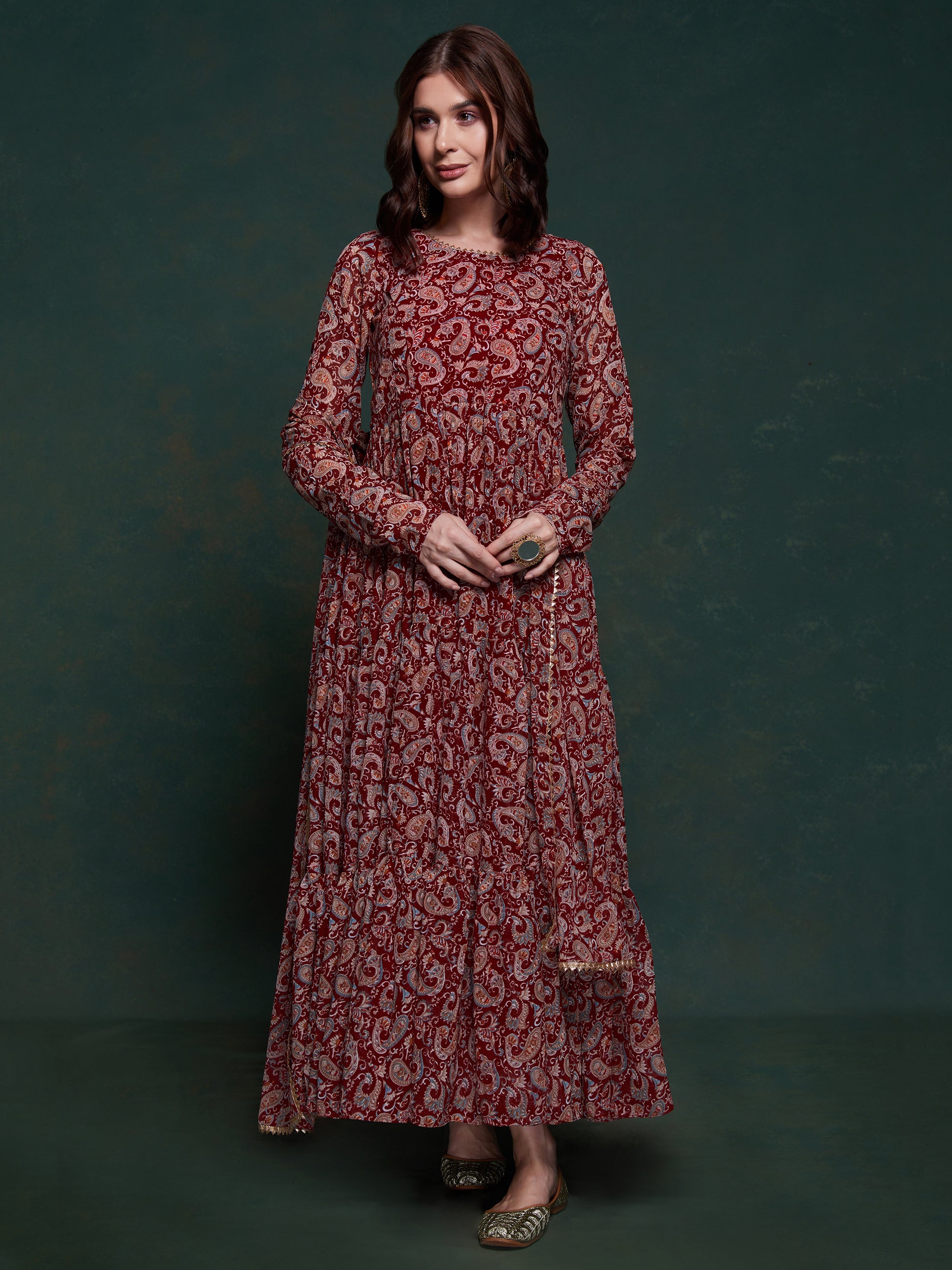 Marvelous Maroon Digital Printed Organza Traditional Gown With Dupatta - Zeel Clothing