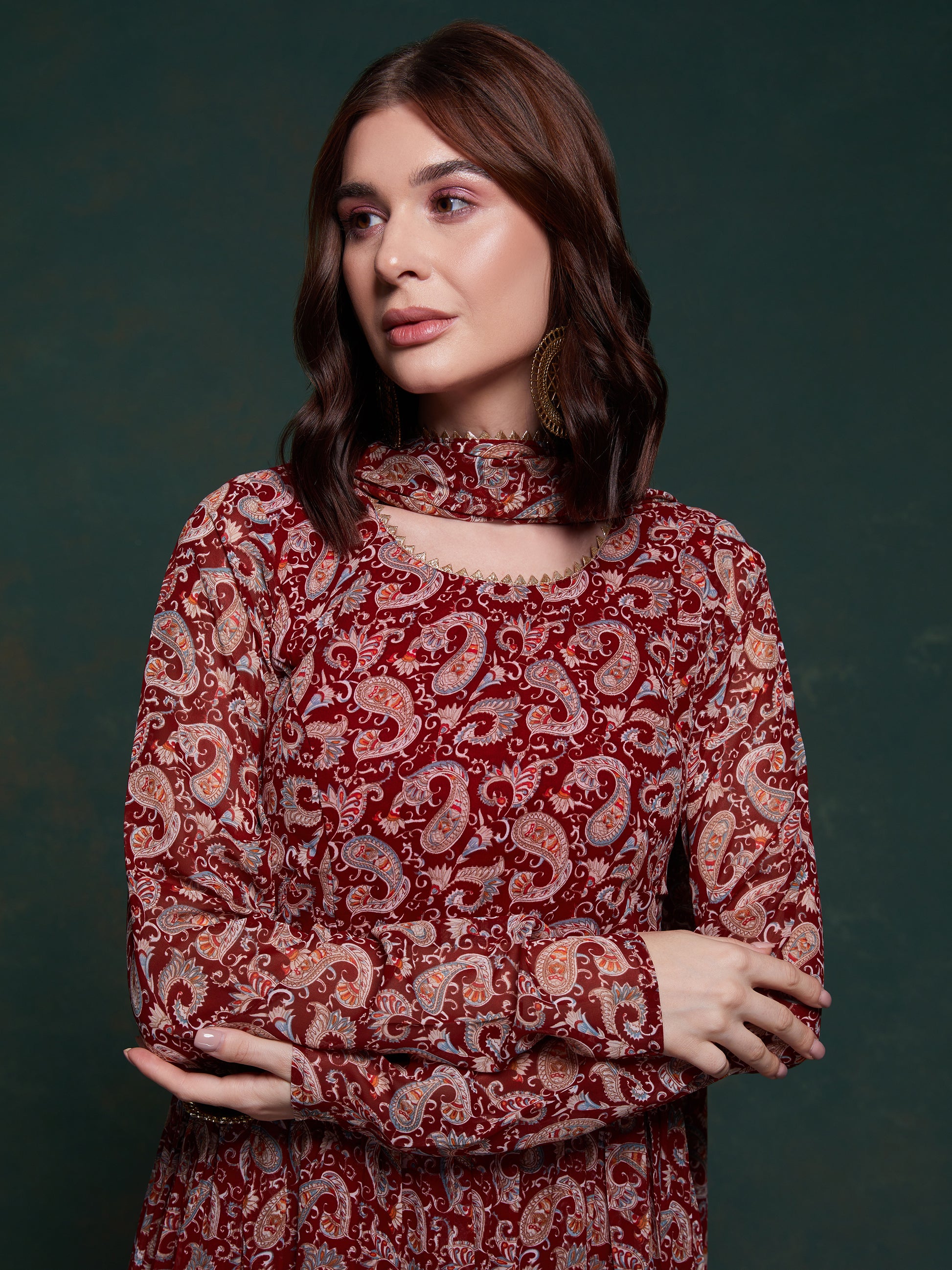 Marvelous Maroon Digital Printed Organza Traditional Gown With Dupatta - Zeel Clothing