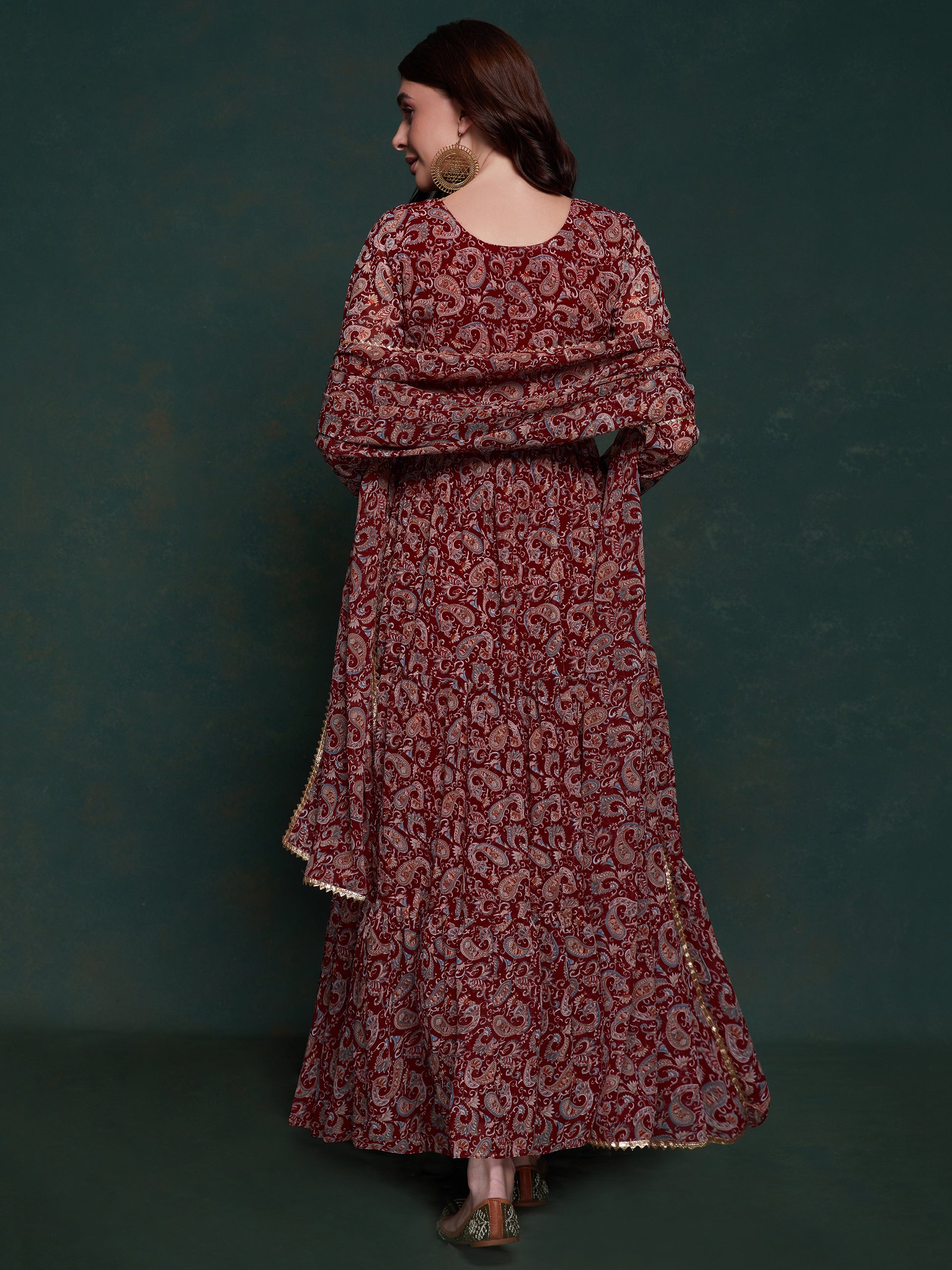 Marvelous Maroon Digital Printed Organza Traditional Gown With Dupatta - Zeel Clothing