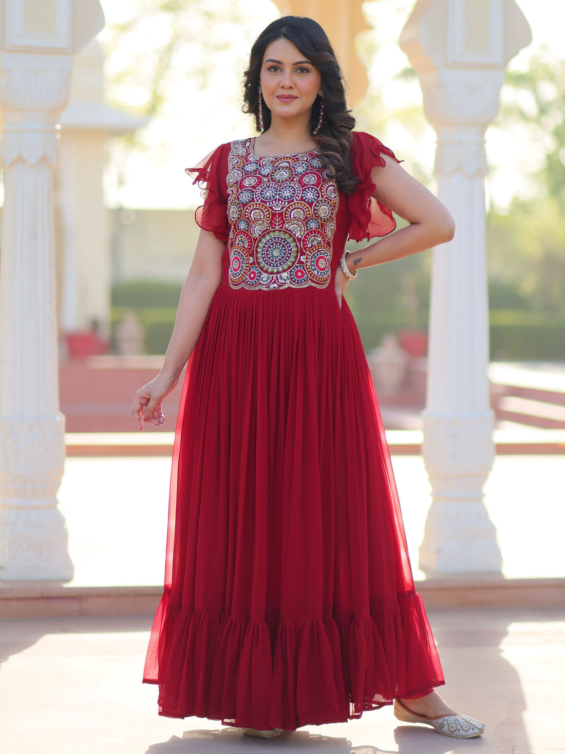 Marvelous Maroon Multi Thread Embroidery Georgette Function Wear Gown - Zeel Clothing