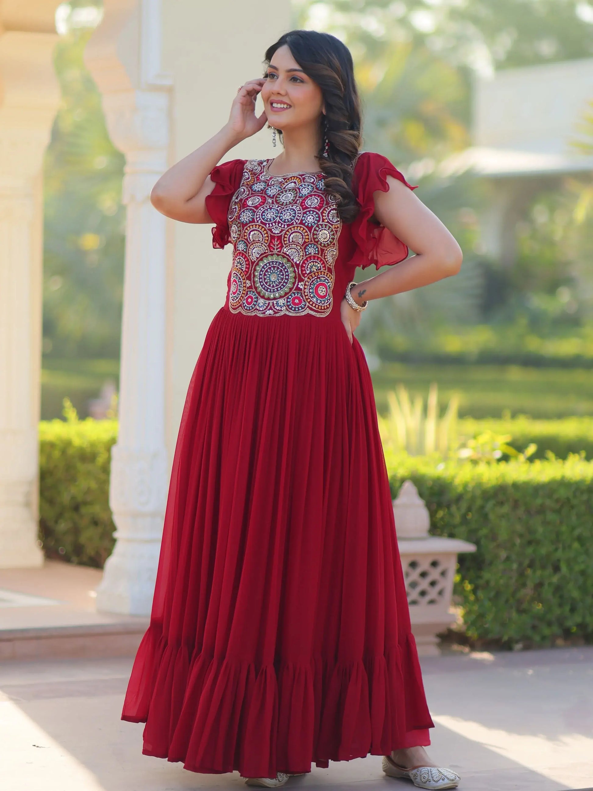 Marvelous Maroon Multi Thread Embroidery Georgette Function Wear Gown - Zeel Clothing