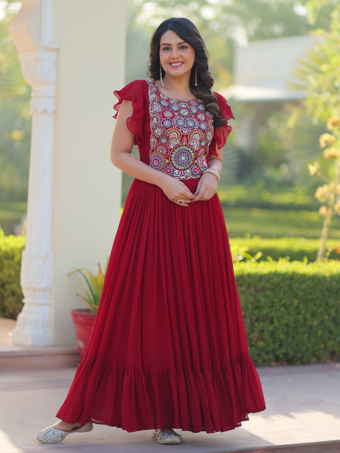 Marvelous Maroon Multi Thread Embroidery Georgette Function Wear Gown - Zeel Clothing