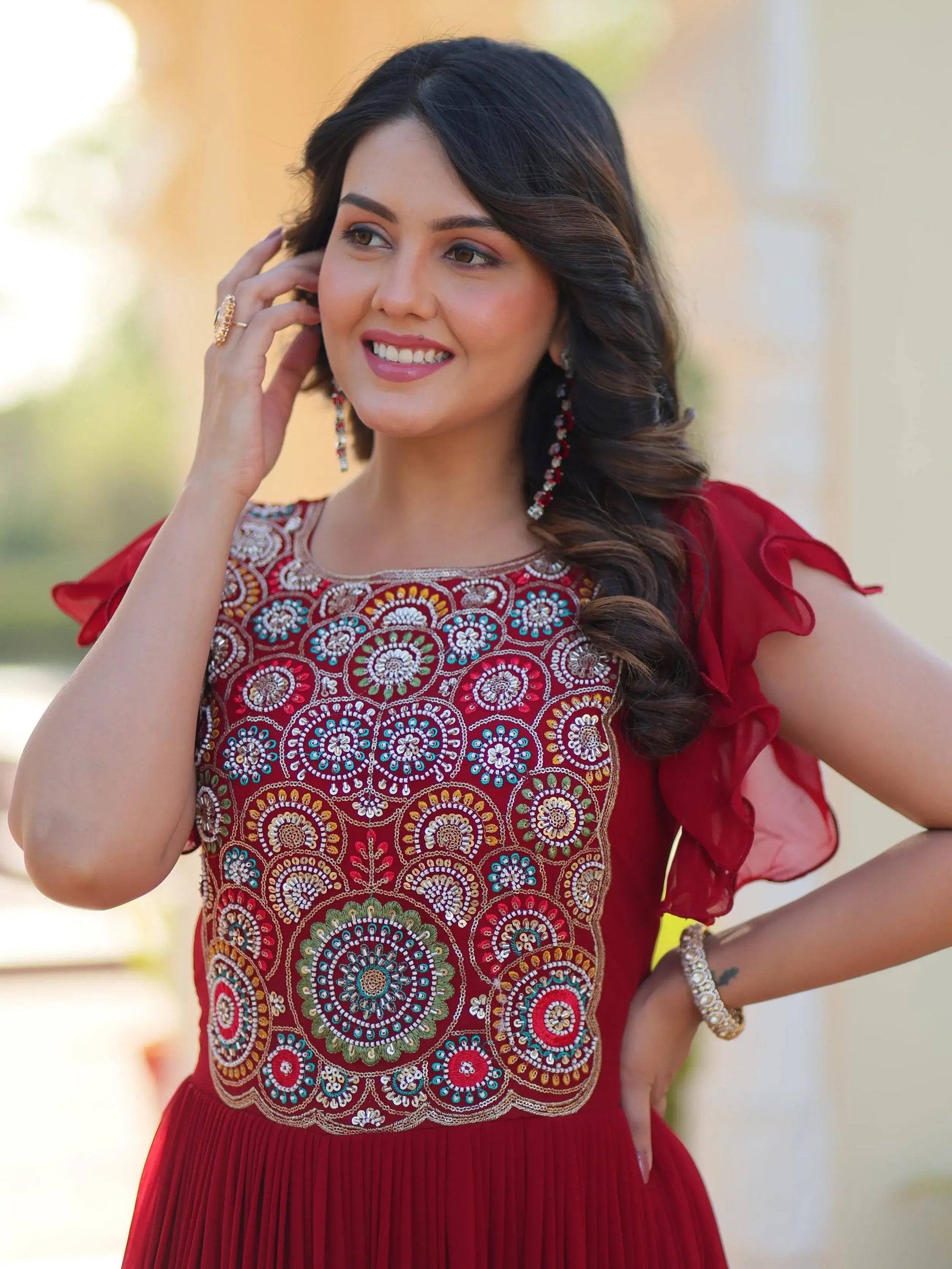 Marvelous Maroon Multi Thread Embroidery Georgette Function Wear Gown - Zeel Clothing