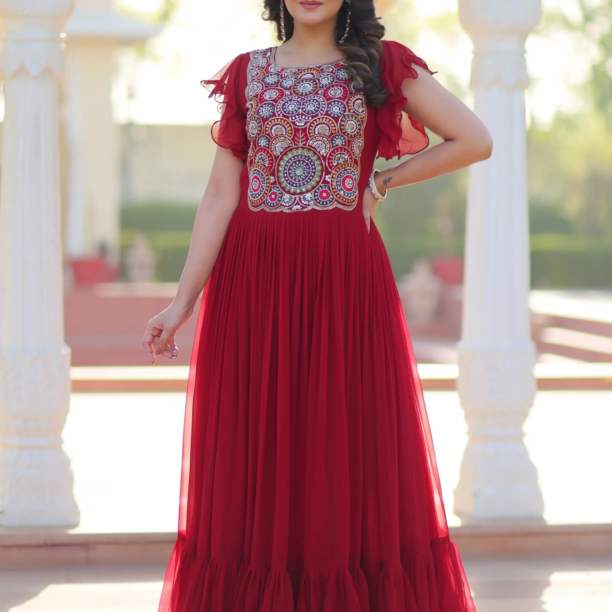 Marvelous Maroon Multi Thread Embroidery Georgette Function Wear Gown - Zeel Clothing