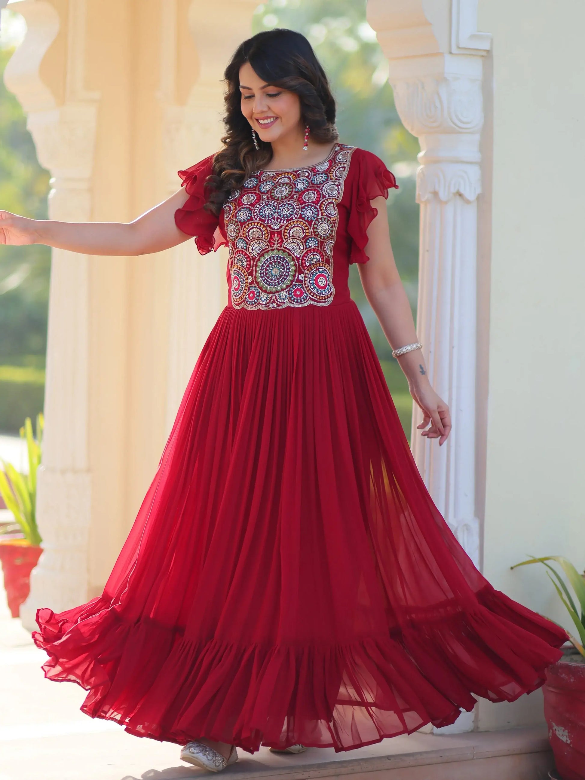 Marvelous Maroon Multi Thread Embroidery Georgette Function Wear Gown - Zeel Clothing