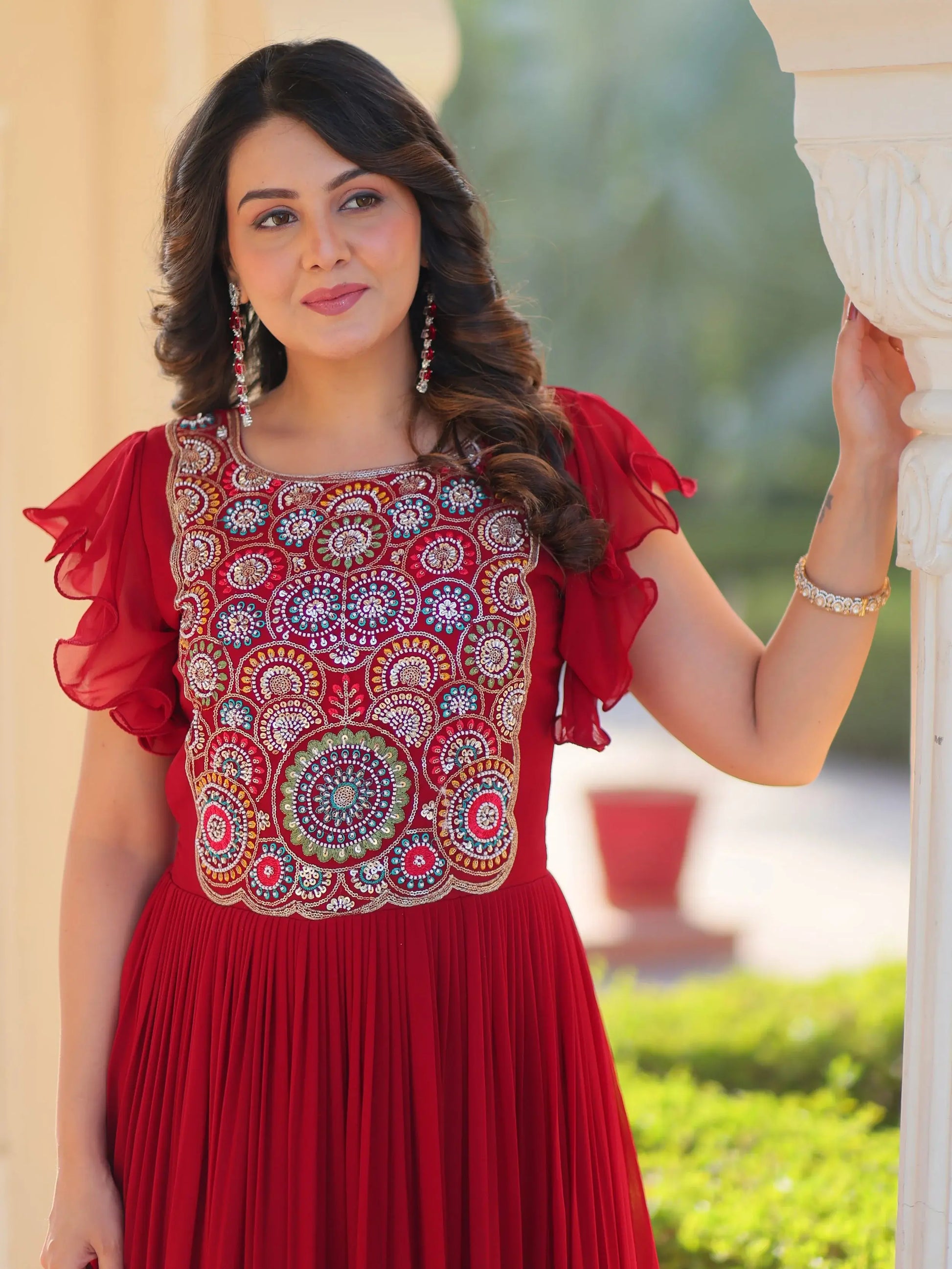 Marvelous Maroon Multi Thread Embroidery Georgette Function Wear Gown - Zeel Clothing
