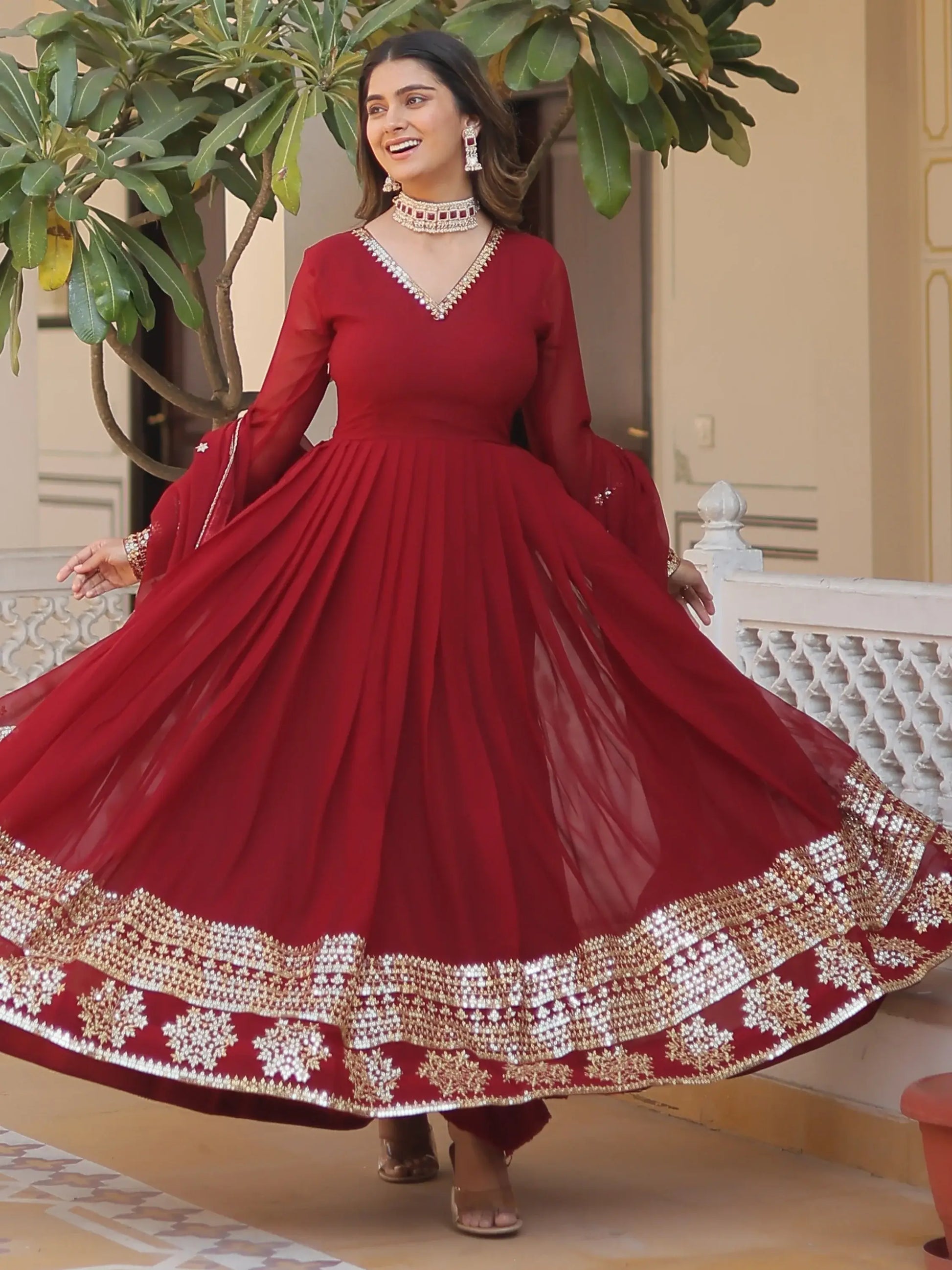 Marvelous Maroon Sequins Georgette Engagement Wear Anarkali Gown - Zeel Clothing