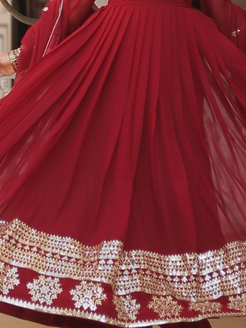 Marvelous Maroon Sequins Georgette Engagement Wear Anarkali Gown - Zeel Clothing