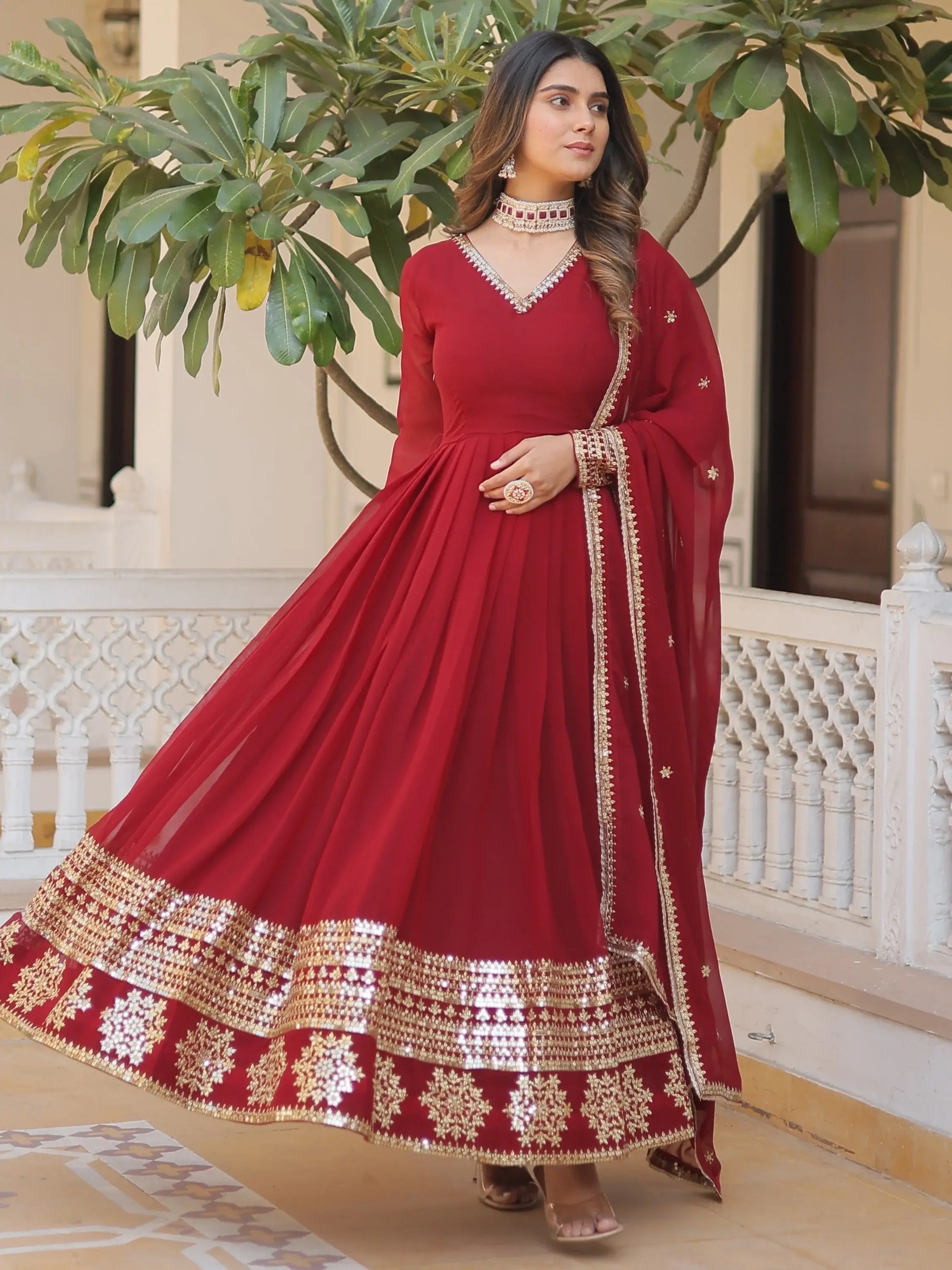 Marvelous Maroon Sequins Georgette Engagement Wear Anarkali Gown - Zeel Clothing