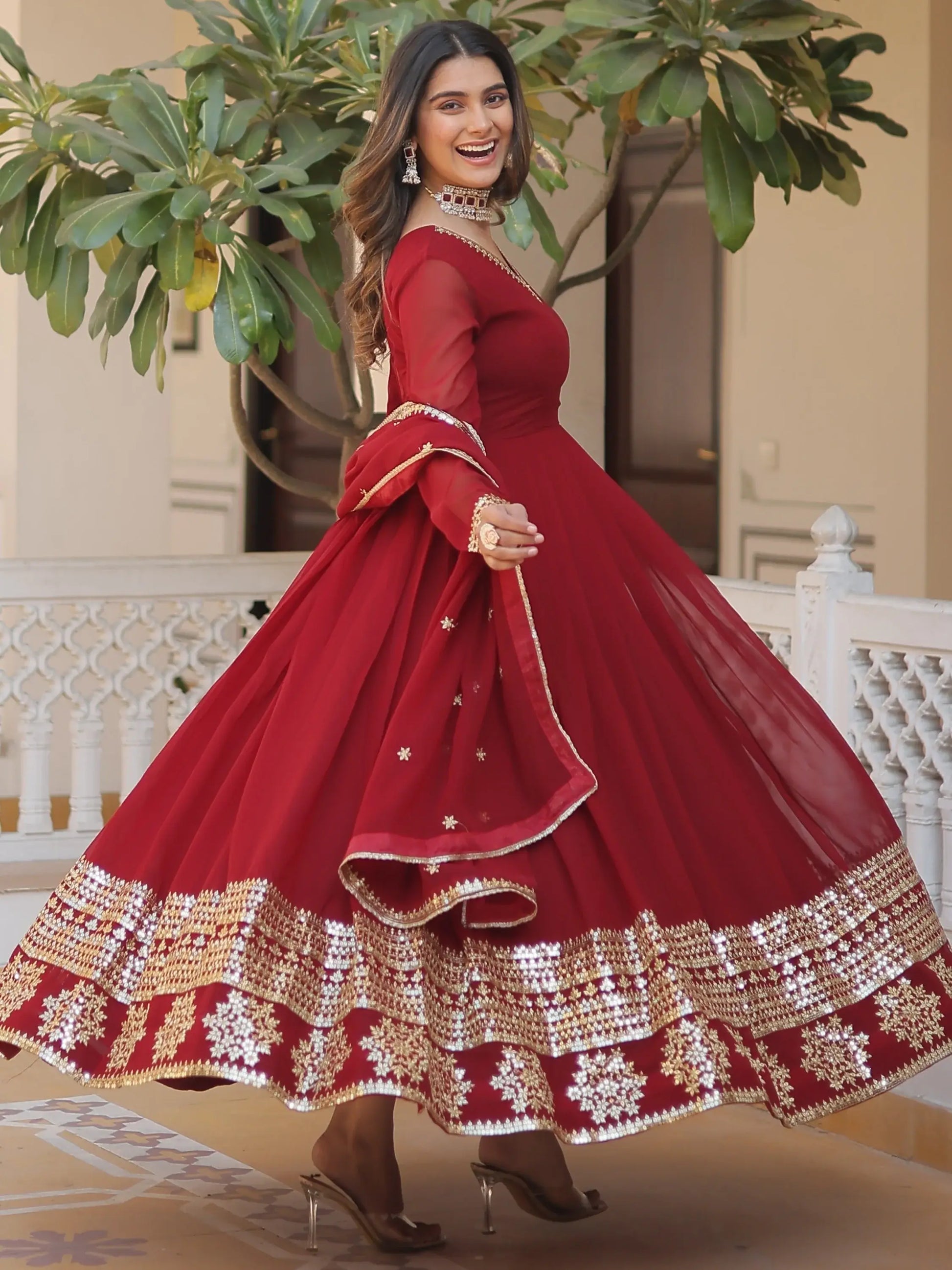 Marvelous Maroon Sequins Georgette Engagement Wear Anarkali Gown - Zeel Clothing
