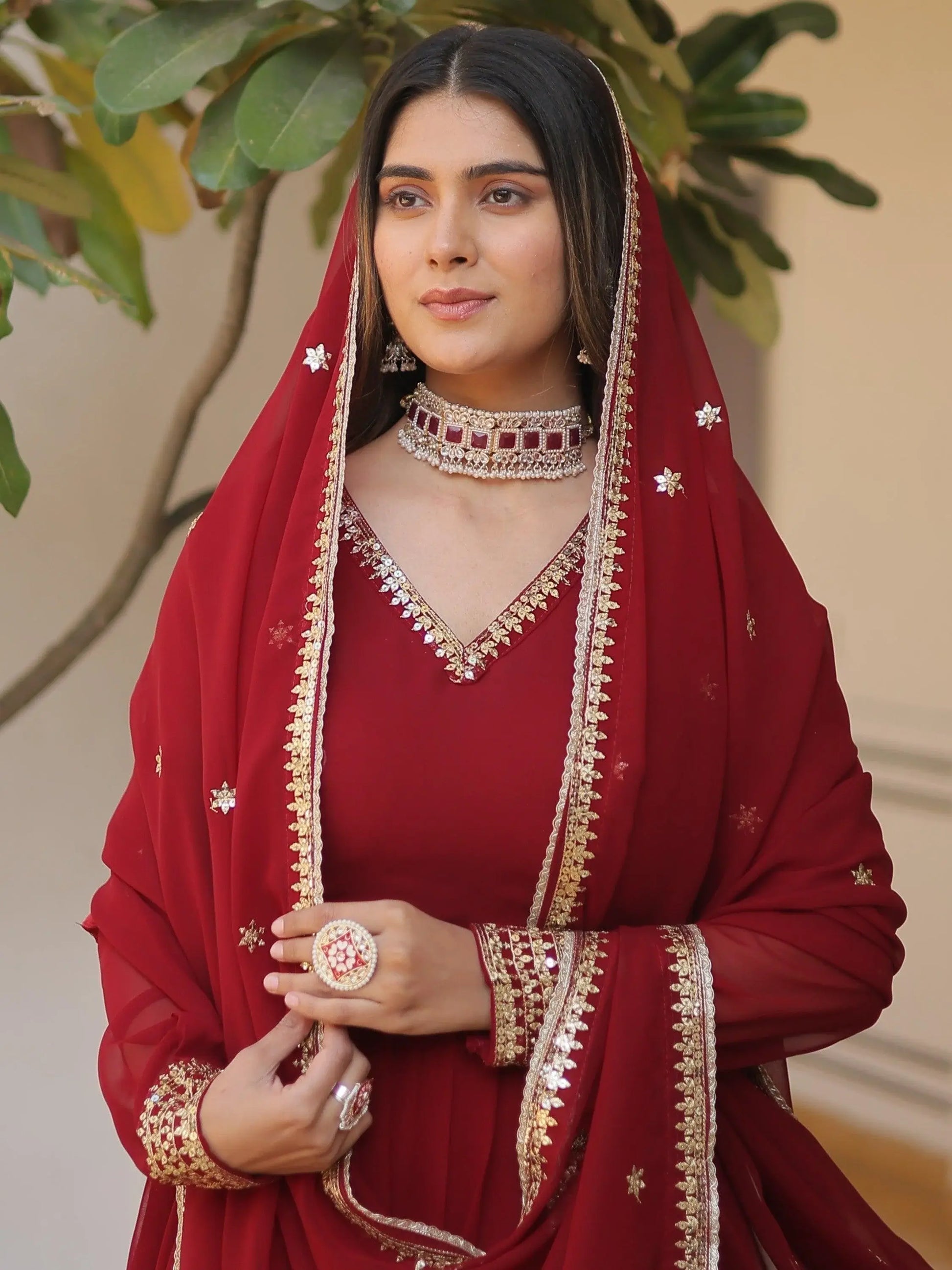 Marvelous Maroon Sequins Georgette Engagement Wear Anarkali Gown - Zeel Clothing