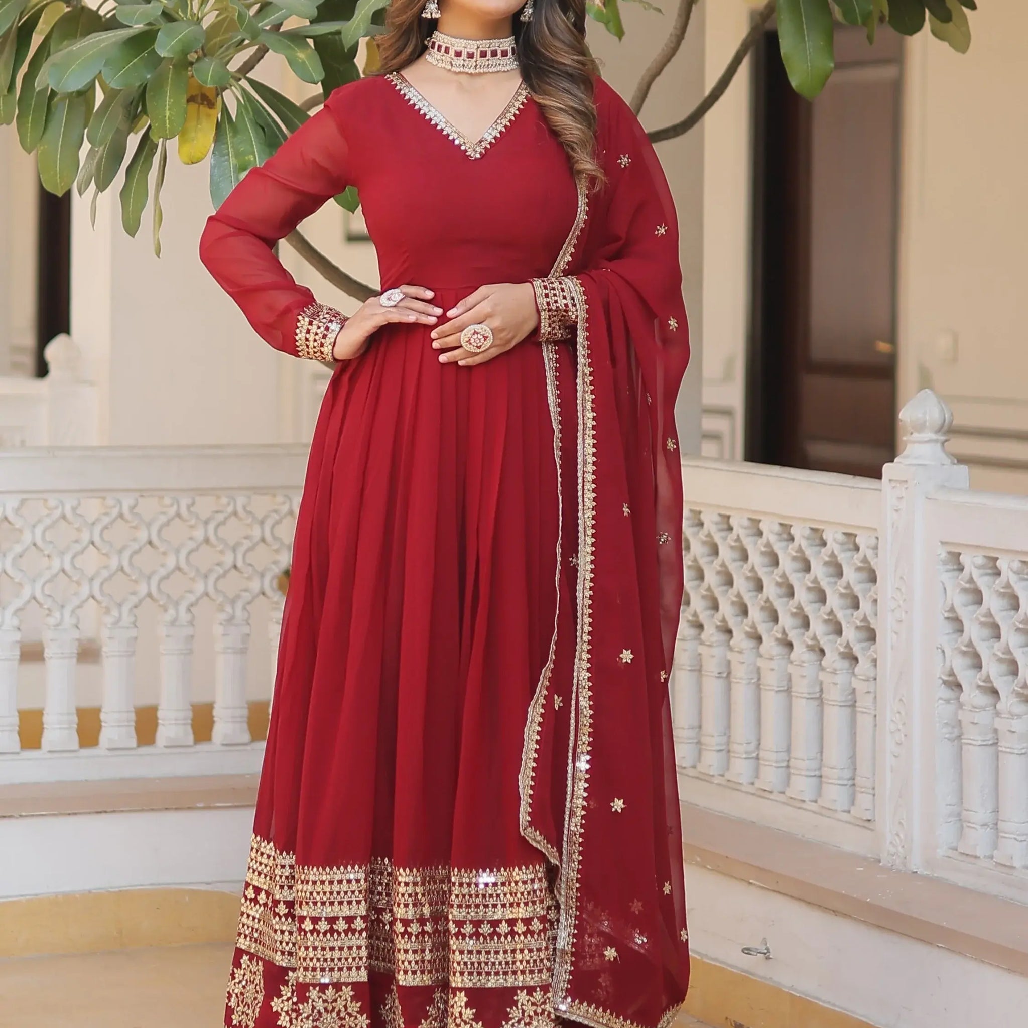 Marvelous Maroon Sequins Georgette Engagement Wear Anarkali Gown - Zeel Clothing
