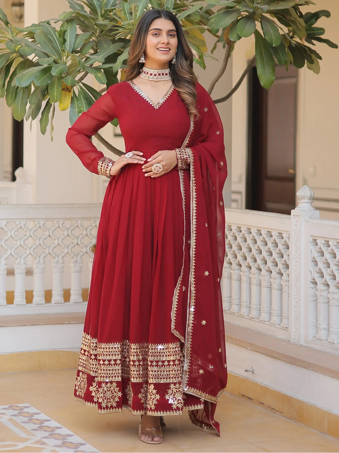 Marvelous Maroon Sequins Georgette Engagement Wear Anarkali Gown - Zeel Clothing