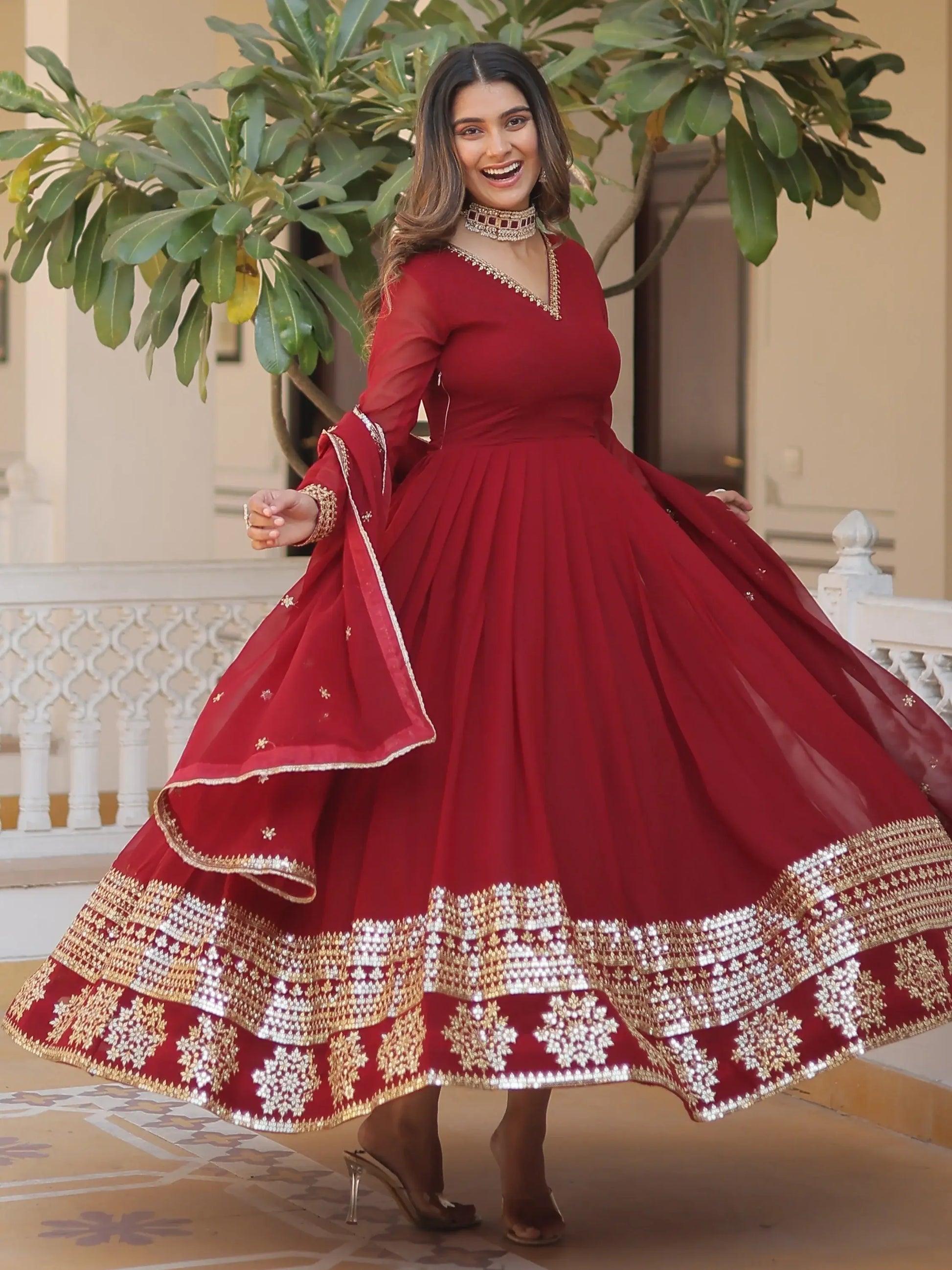 Marvelous Maroon Sequins Georgette Engagement Wear Anarkali Gown - Zeel Clothing