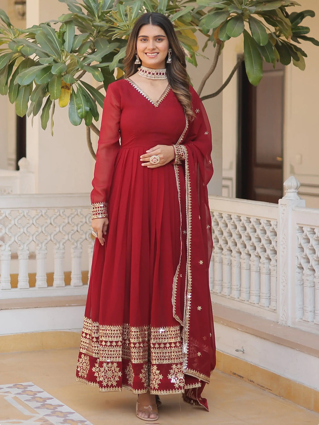 Marvelous Maroon Sequins Georgette Engagement Wear Anarkali Gown - Zeel Clothing